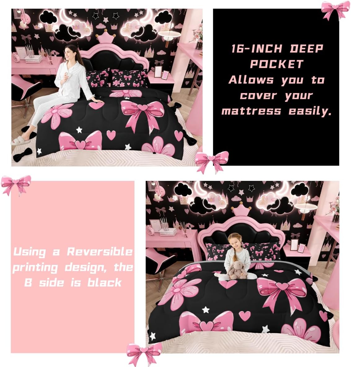 jejeloiu Bowknot Comforter Set Twin Size 7 Pieces Black Pink Bedding Set for Kids Boys Girls Pink Bow Bed in a Bag with Comforter, Sheets, Pillowcases, Cushion Covers Colourful Bowknot Bedroom Decor