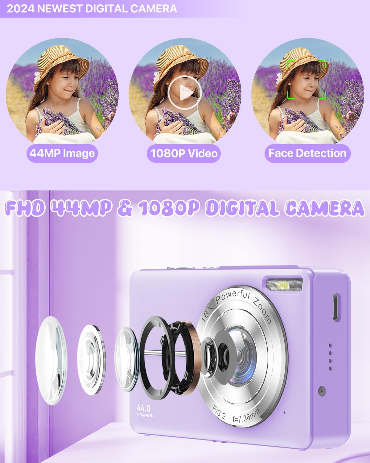 Macchina Fotografica Digitale con Scheda 32GB, 1080P 44MP Fotocamera Digitale Compatta con Zoom Digitale 16X Flash e 2 Batterie, Macchina Fotografica per Bambini, Adulti, Principianti (Viola)