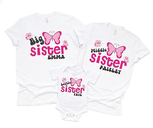 Personalized Big Sister Middle Sister Little Sister Shirt Set of 3 Butterfly T-shirts