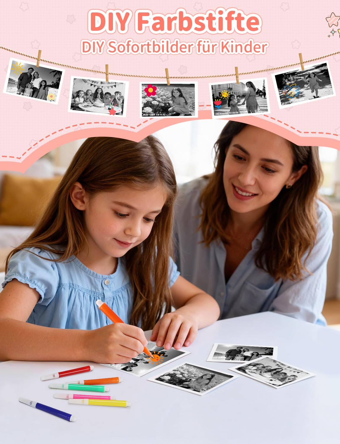 Sofortbildkamera Kinder, 1080P HD 2,4 Zoll Bildschirm Kinderkamera Sofortbildkamera mit 32GB Karte & 3 Rollen Druckpapier, LIORQUE Digital Kamera Kinder Sofortdruck mit 6 Farbigen Stiften (Rosa)