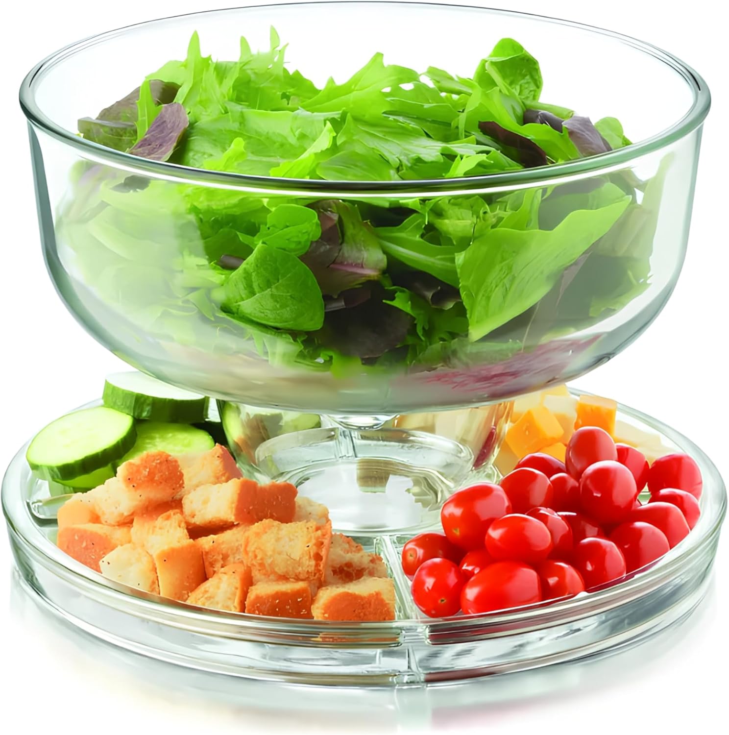 Multi-Functional 6 in 1 Serving Glass Platter Display Cake stand with dome & snack bowl serving tray chips and salsa