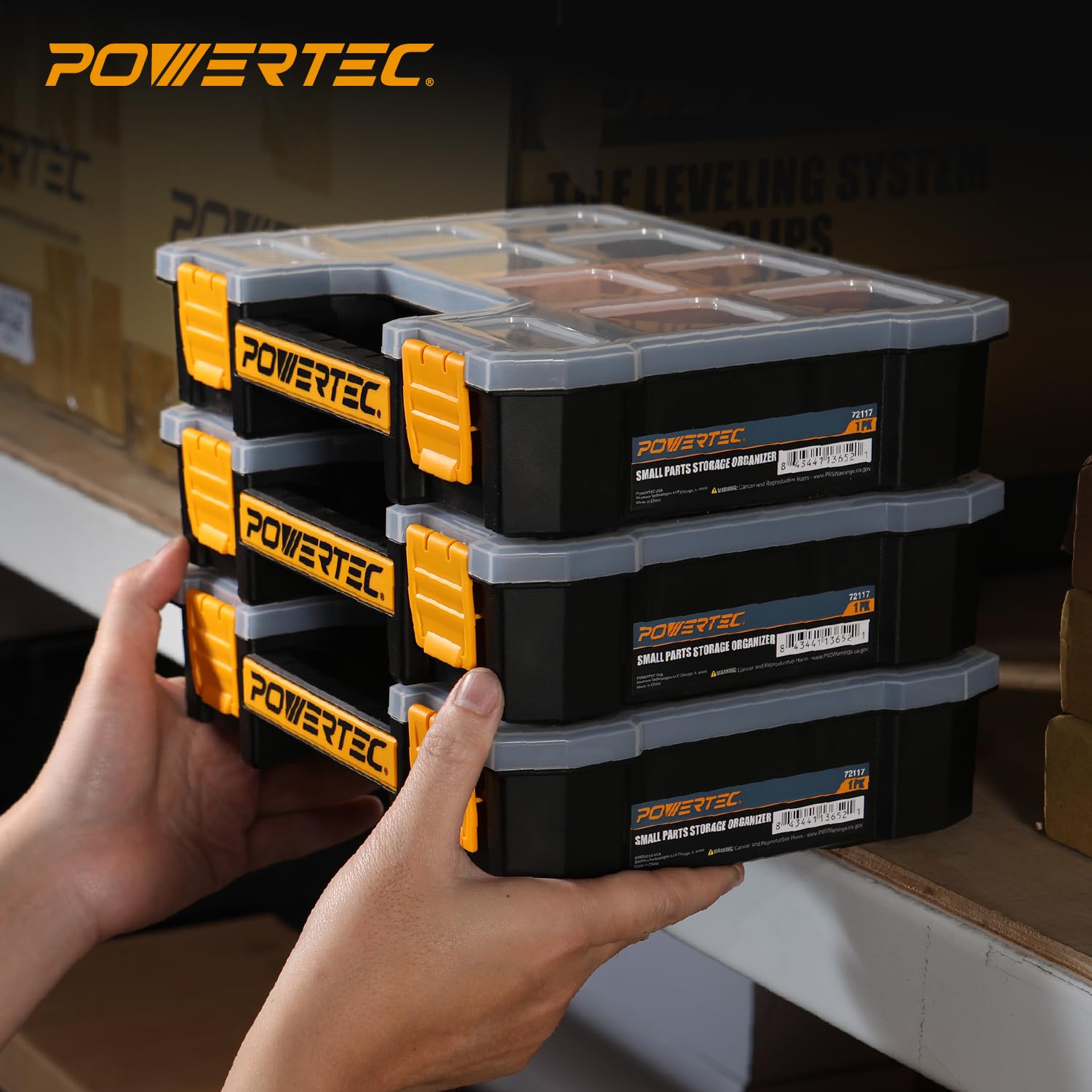 POWERTEC Organizer per piccole parti e cassetta degli attrezzi, 10 scomparti, impilabile con divisori rimovibili, coperchio trasparente, design portatile, confezione da 3 (72117-P3)