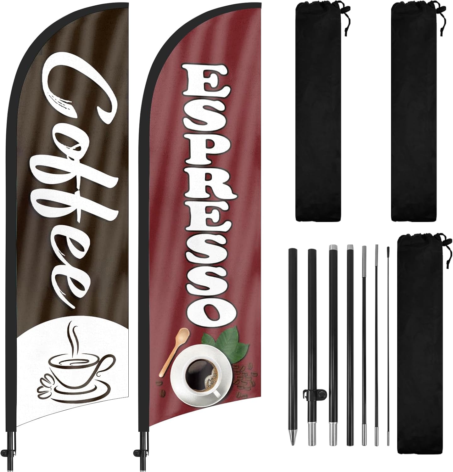 Coffee Espresso Advertising Swooper Flag Banner, 8Ft x 22in Triangular Feather Flag with Flag Pole and Ground Stake, 2Pack