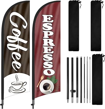Coffee Espresso Advertising Swooper Flag Banner, 8Ft x 22in Triangular Feather Flag with Flag Pole and Ground Stake, 2Pack