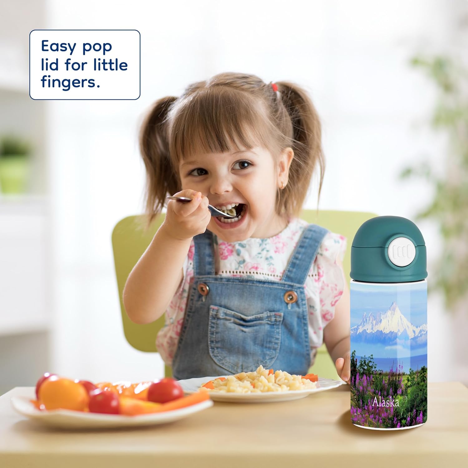 Inspirational Nature Enthusiast 12oz Kids Green Bottle – “Alaska” – Hiking Adventure, School Lunch