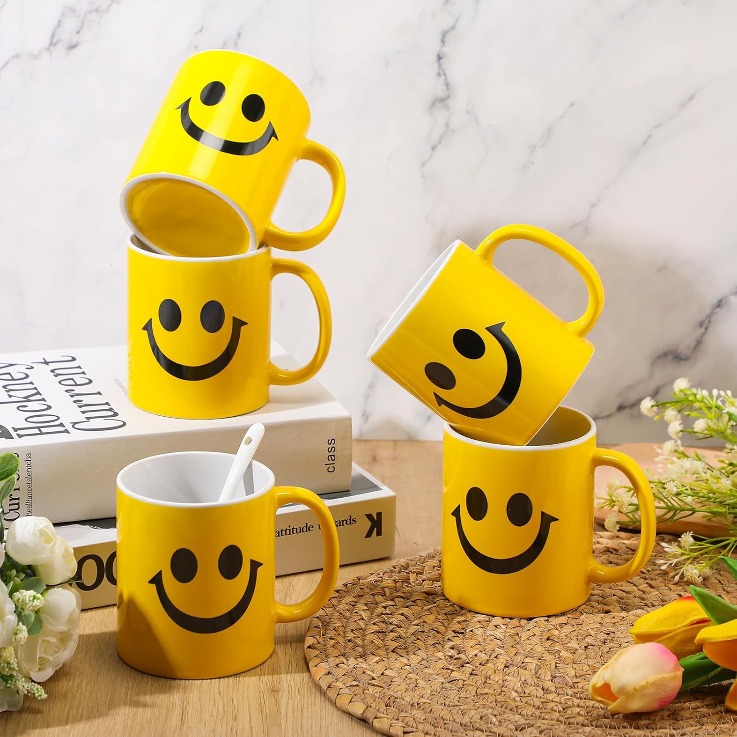 Hushee 8 Pcs Smile Face Coffee Mugs Bulk 11 oz Ceramic Happy Face Cup Yellow Coffee Mug Birthday Party Gifts Funny Supplies