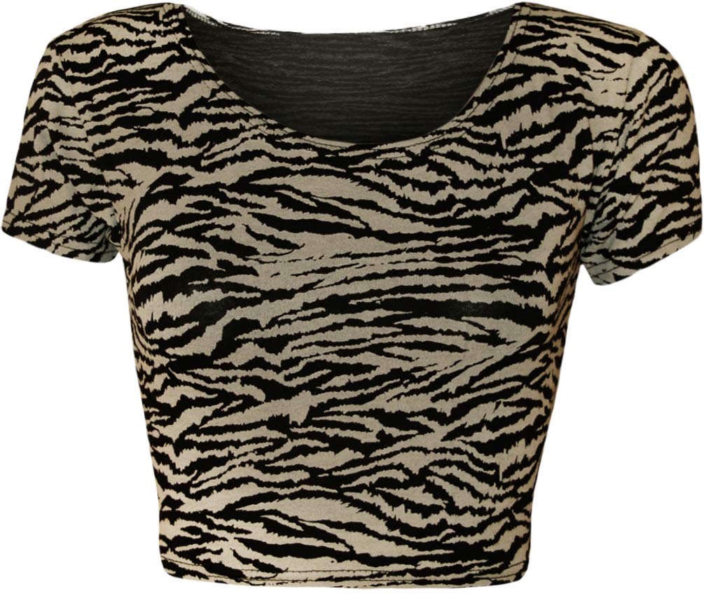 GOSTYLES® Womens Multi Print Short Sleeve Crop Top T-Shirts, Ladies Summer Stretch Fit Short Tee Tops Shirt Blouse (Zebra, 8-10)