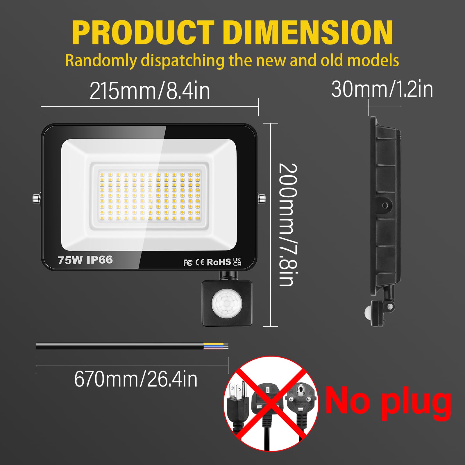 RIGIDON 2x 75W 7500lm faretto con pir sensore di movimento, proiettori led | senza spina, 3000K bianco caldo, fari di Sicurezza, luci esterno per giardino garage patio terrazza cortile, impermeabile