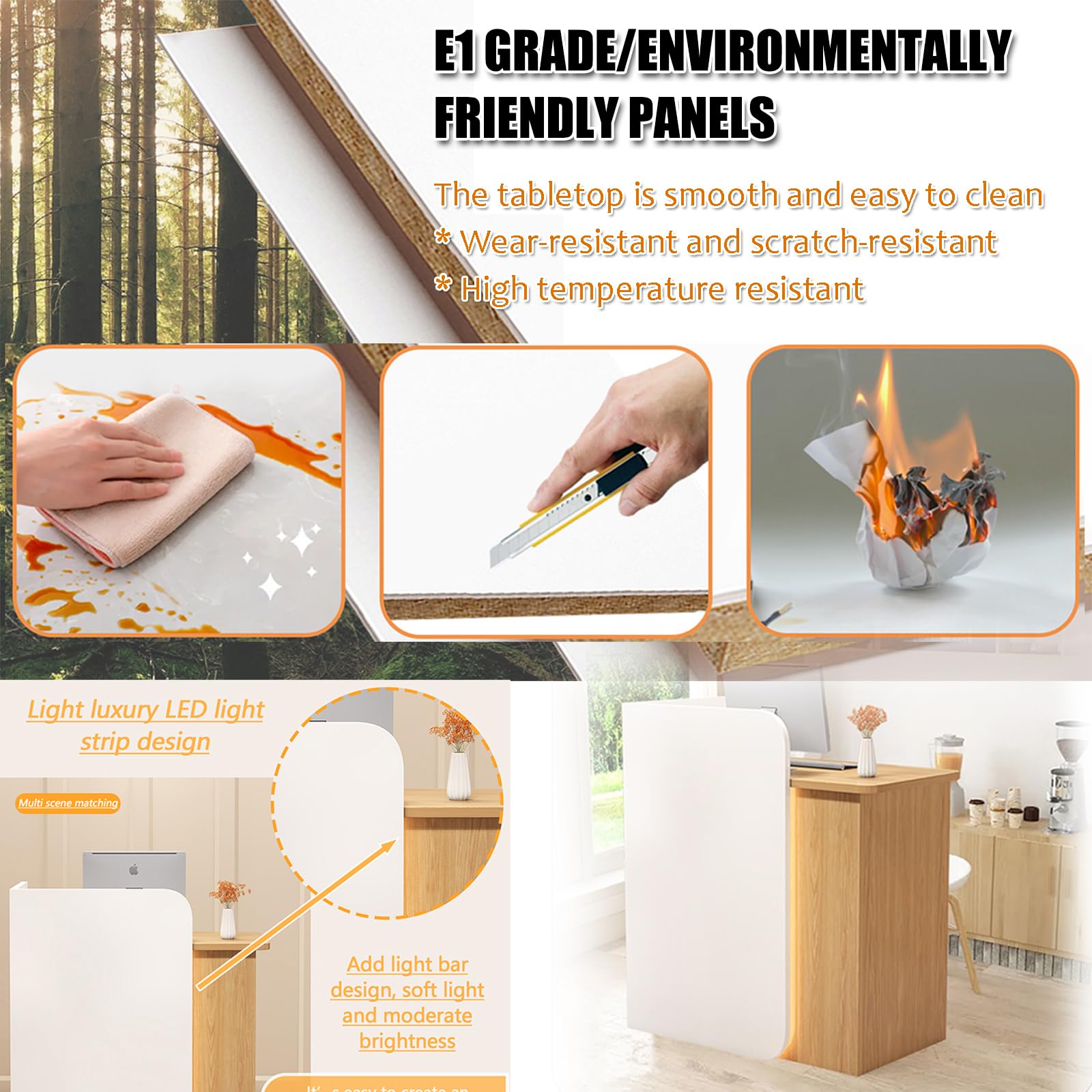 Mostrador De Recepción De Madera, Banco De Recepción Moderno Con Cajones Y Estante Abierto, Con Tira De Luces Led, Mostrador De Recepción Aptos Para Oficinas, Salones, Ideal Para Tiendas Recepciones