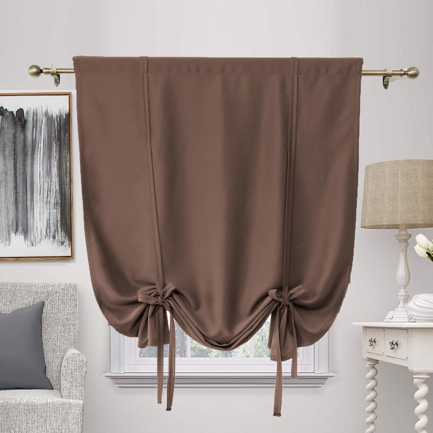 ZHhan Blackout Tie Up Curtain Thermal Insulated Tie Up Window Shade Bathroom Curtain Tie Up Shade for Small Window for Kitchen French Door Rod Pocket Panel, Dark Brown, W 37" x L 64", 1 Panels