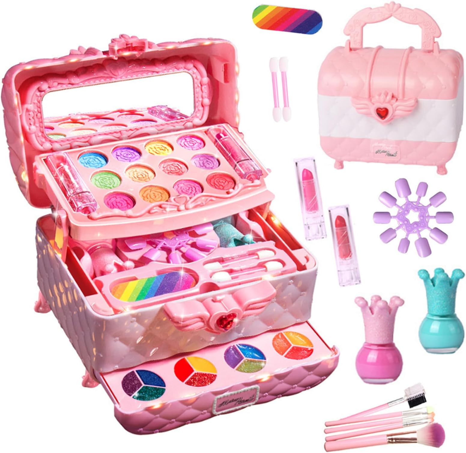 Kids Makeup Kit for Girls with Handle, Princess Pretend Washable Makeup Box Including Lipstick, Eye Shadows, Kid Little Girls Toddlers Children Birthday Gifts Toys for 3 -10 Year Old