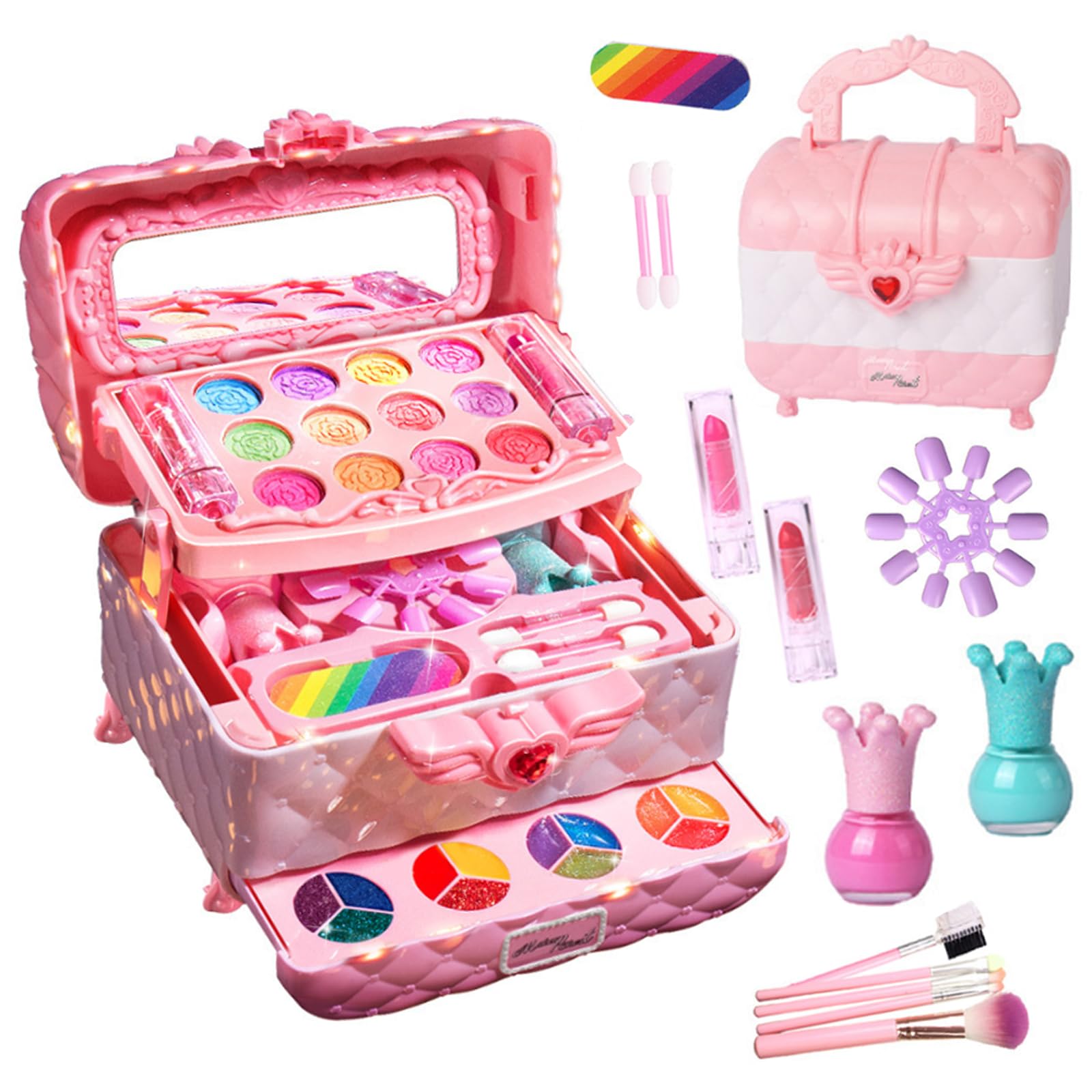 Kids Makeup Kit for Girls with Handle, Princess Pretend Washable Makeup Box Including Lipstick, Eye Shadows, Kid Little Girls Toddlers Children Birthday Gifts Toys for 3 -10 Year Old