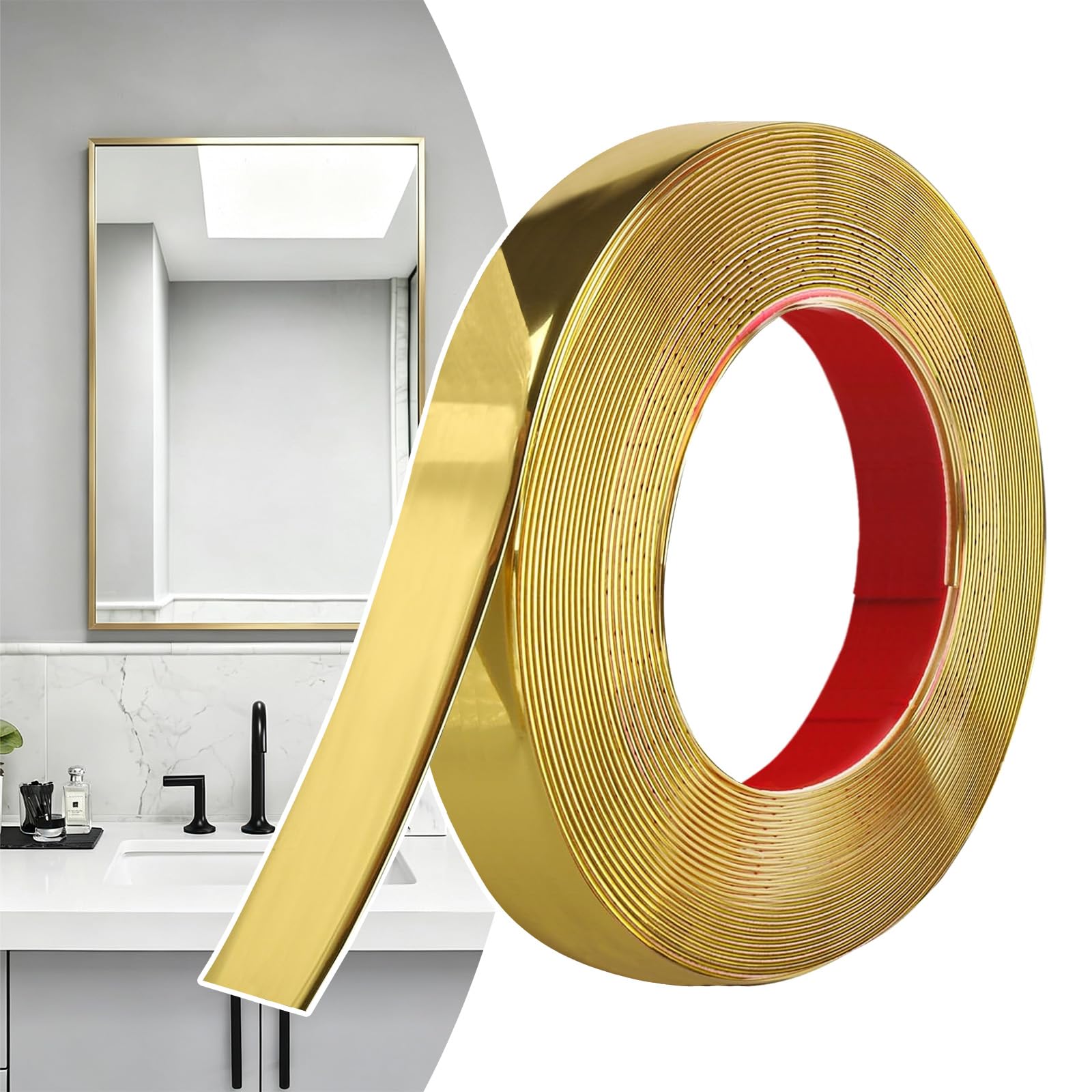 YushengTai Matte Gold Self‑Adhesive Moulding Trim 12M x 2.5cm, Flexible PVC Peel and Stick Wall Trim Decorative Edge Strip for Wall, Tile, Mirror, Window, Cabinet, Bathroom, DIY — image 1