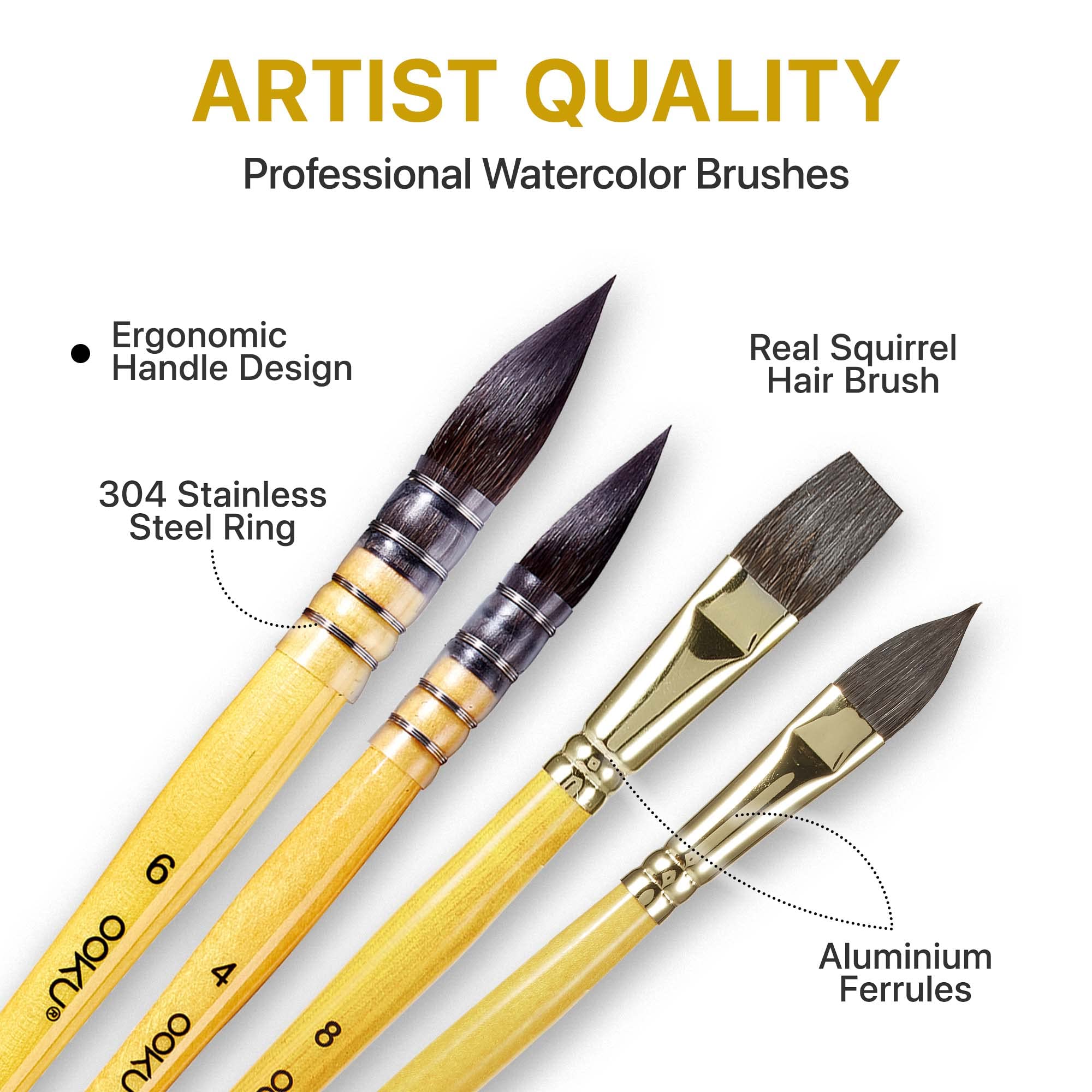 OOKU Lot de 8 pinceaux professionnels pour aquarelle - Mélange de poils d'écureuil - Pour un débit constant - Manche court - Pour artistes - Peinture artistique, gouache