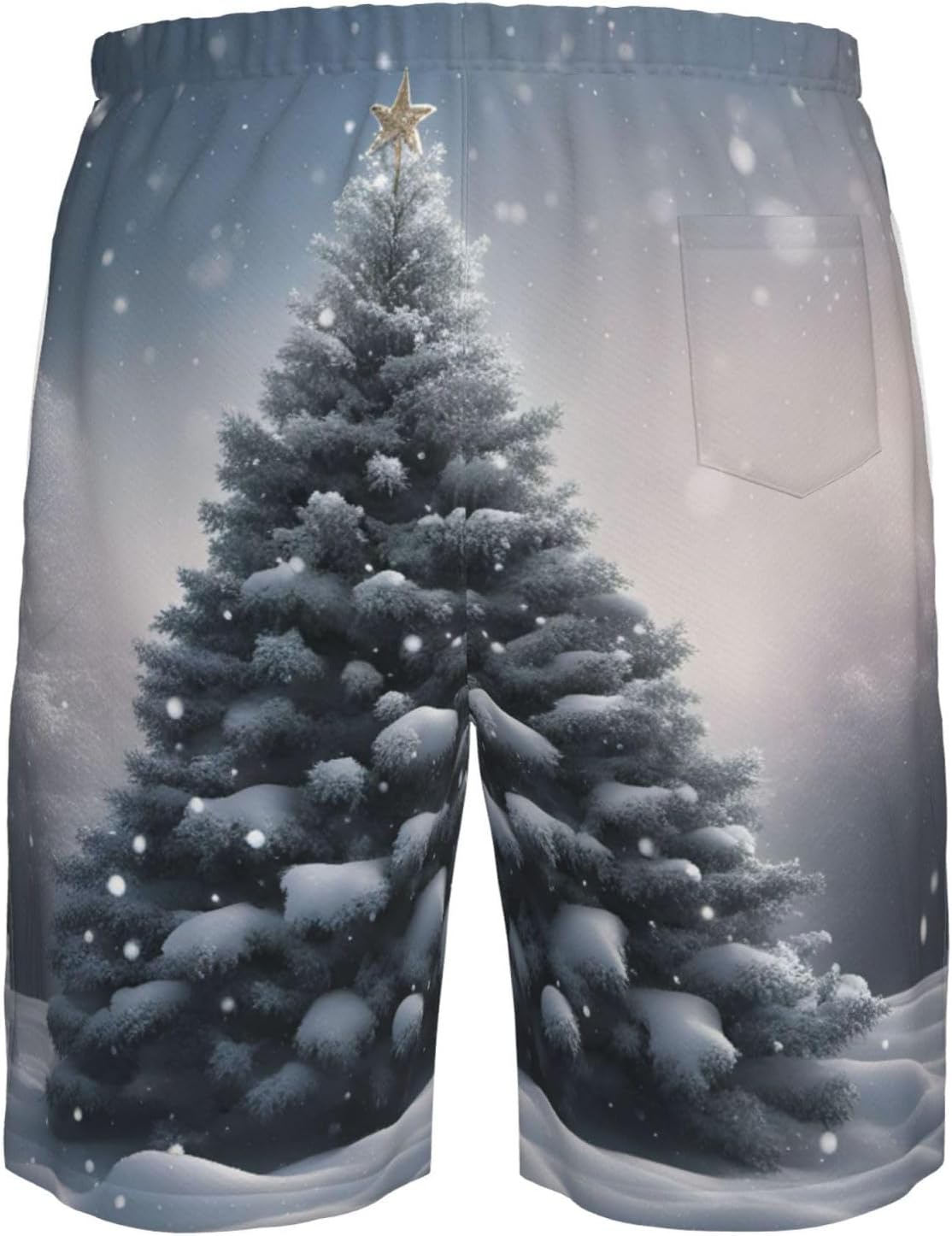 Christmas Tree Snow Print Men's Quick-Drying Shorts Casual Beach Pants Stretch Waist Shorts and Pockets