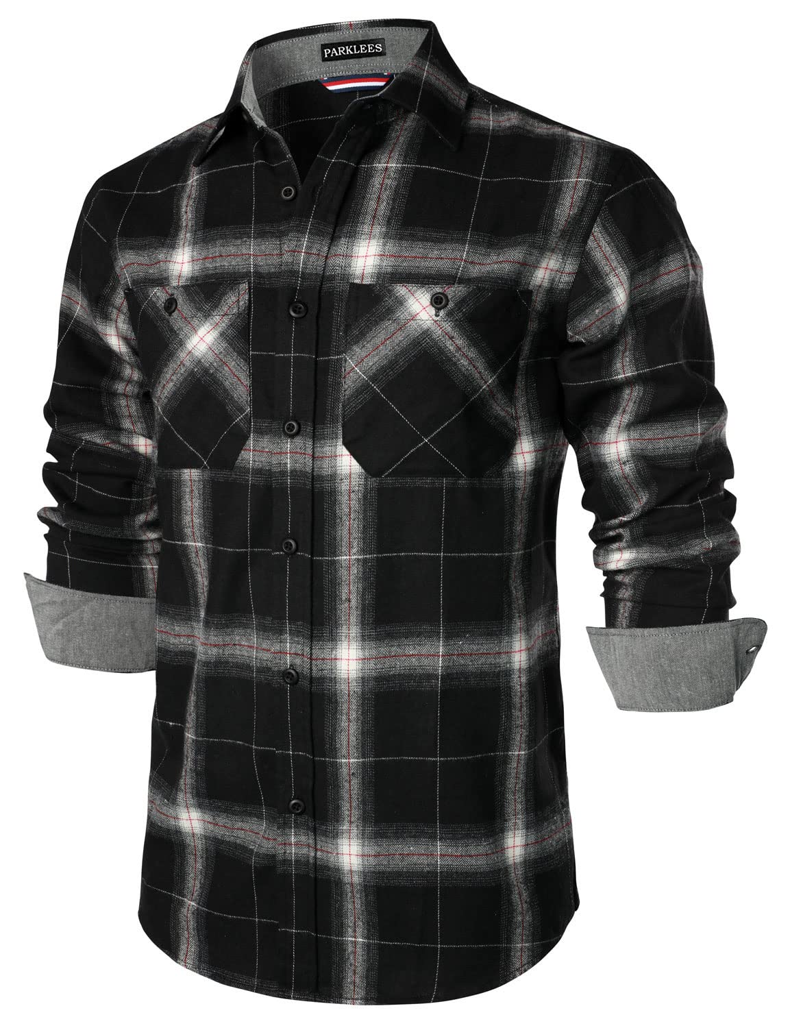 PARKLEES Klassieke stijlvolle regular fit casual lange mouwen geruite fleece shirts met knoopsluiting voor heren met zak, Zwart, S