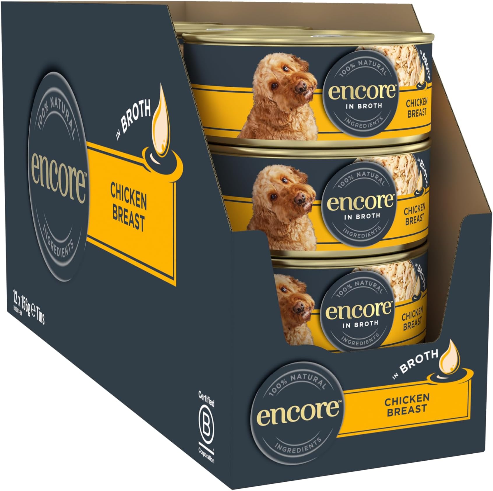 Encore 100% Natural Dog Food Tin 1x(12x156g) Chicken Breast with Rice in Broth, Pack of 12