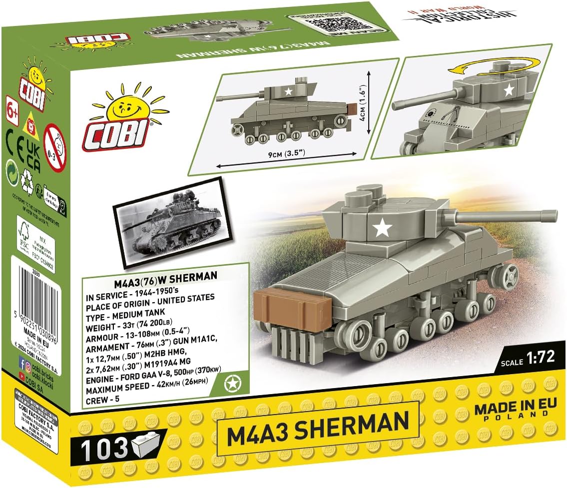 COBI Historical Collection WWII Sherman 1:72 Scale Tank Building Set, 103 Pieces