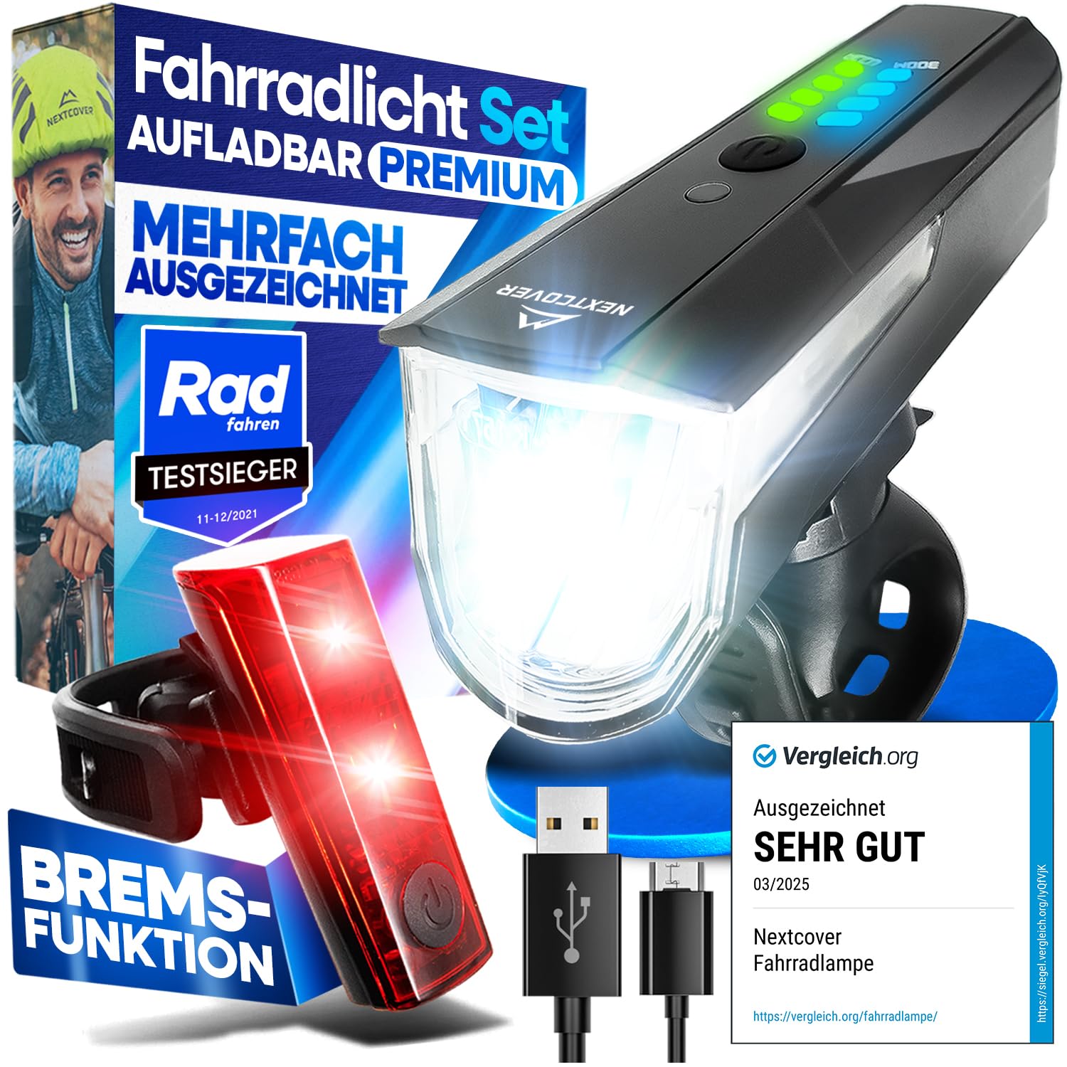 NEXTCOVER® Juego de luz para bicicleta con sensor LightSense y batería de 11 horas, recargable por USB e impermeable, homologada por StVZO, luz LED delantera para bicicleta, luz trasera y luz trasera