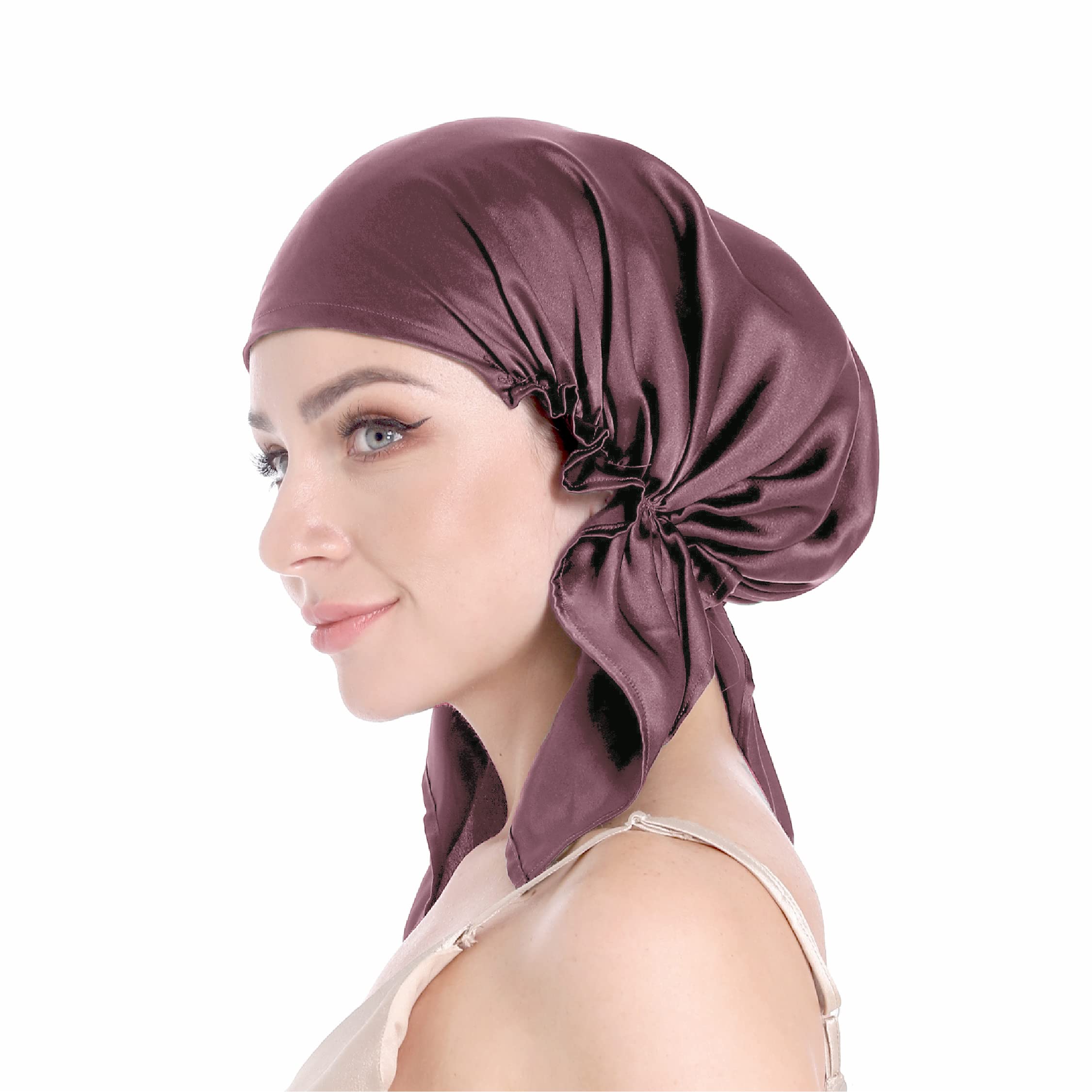 Sissilita Women's Mauve 100% Silk Bonnet For Sleeping, Large Silk Sleep Cap With Tie Band For Curly Hair Care (Mauve)