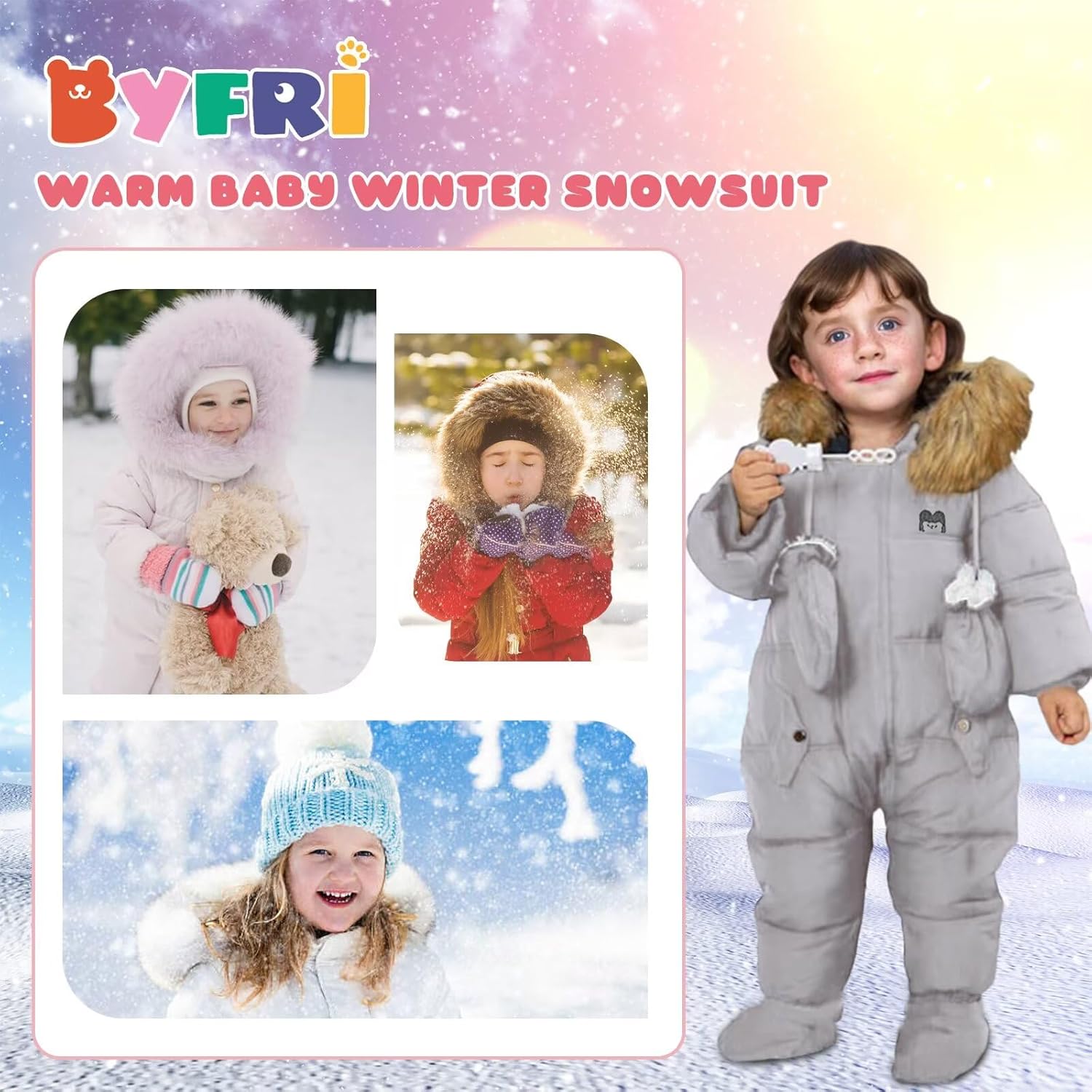 BYFRI Baby Boys Girls Snowsuit with Gloves Toddler Winter Hooded Footie Infant Warm Jumpsuit Outerwer Thick Newborn Coat - Image 2
