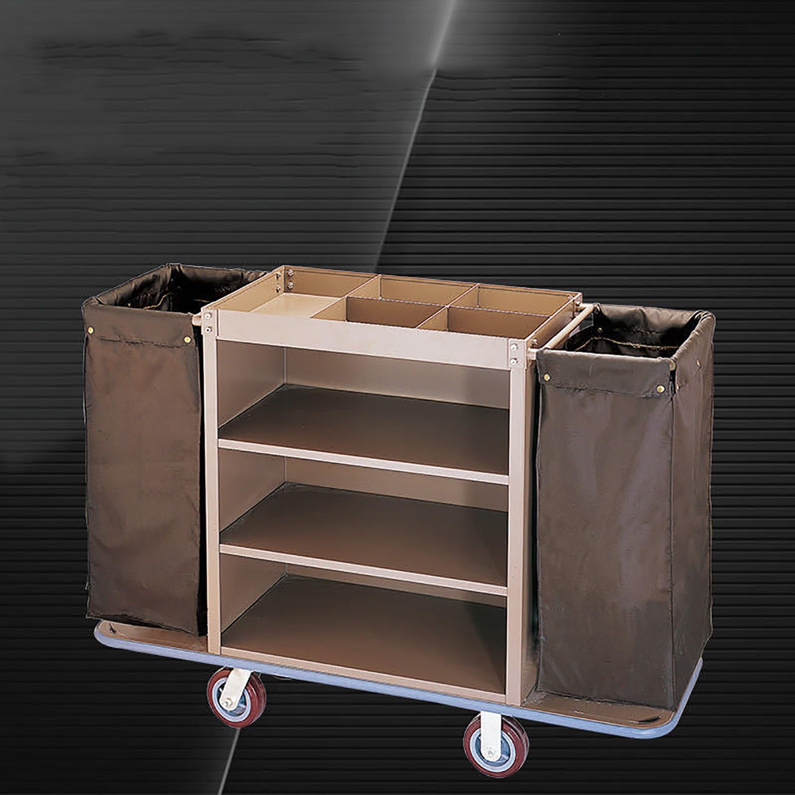 Este Carrito de Limpieza Comercial de 3 estantes es un Carrito de Limpieza de Gran Capacidad con Ruedas y Bolsa, de Color marrón.