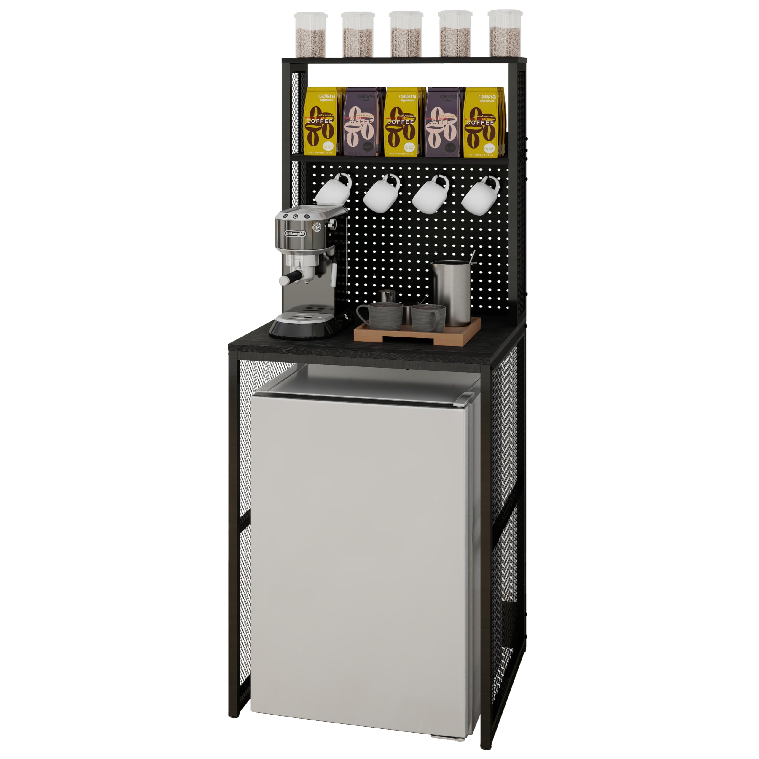 KirKical Kitchen Bakers Racks with Storage, Mini Fridge Stand, Utility Storage Shelf, Coffee Bar Table Microwave Oven Stand with Mini Fridge Space for