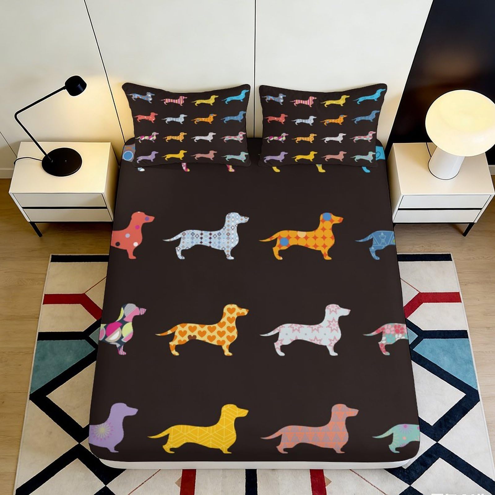 Kjhgrfrdk Style-2 3D Printed Cartoon Dachshund Fitted Sheet Microfiber Deep Pocket Non-Slip Bedding Cartoon Dachshund Mattress Fitted Cover Elastic Hem For Adults Teens 140X200x25cm