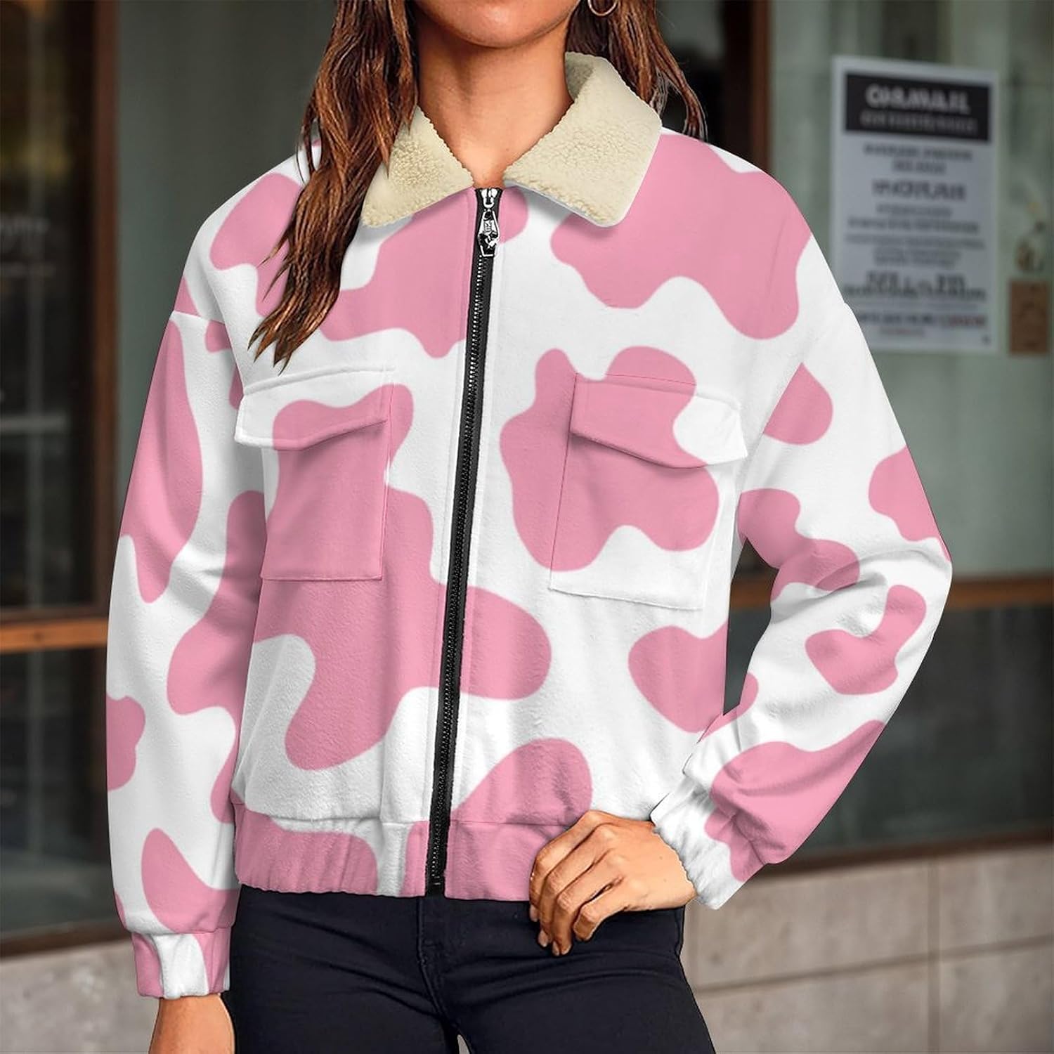 Pink Cow Print Jackets Women Zip Sweatshirt Long Sleeve Warm Hiking Jackets Causal Pockets Stand Collar Coat