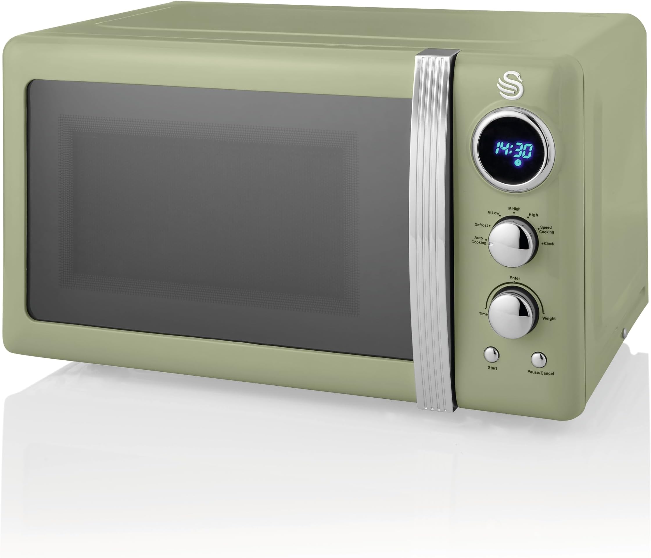 Swan SM22030LGN Retro LED Digital Microwave with Glass Turntable, 5 Power levels & Defrost Setting, 20L, 800W, Green