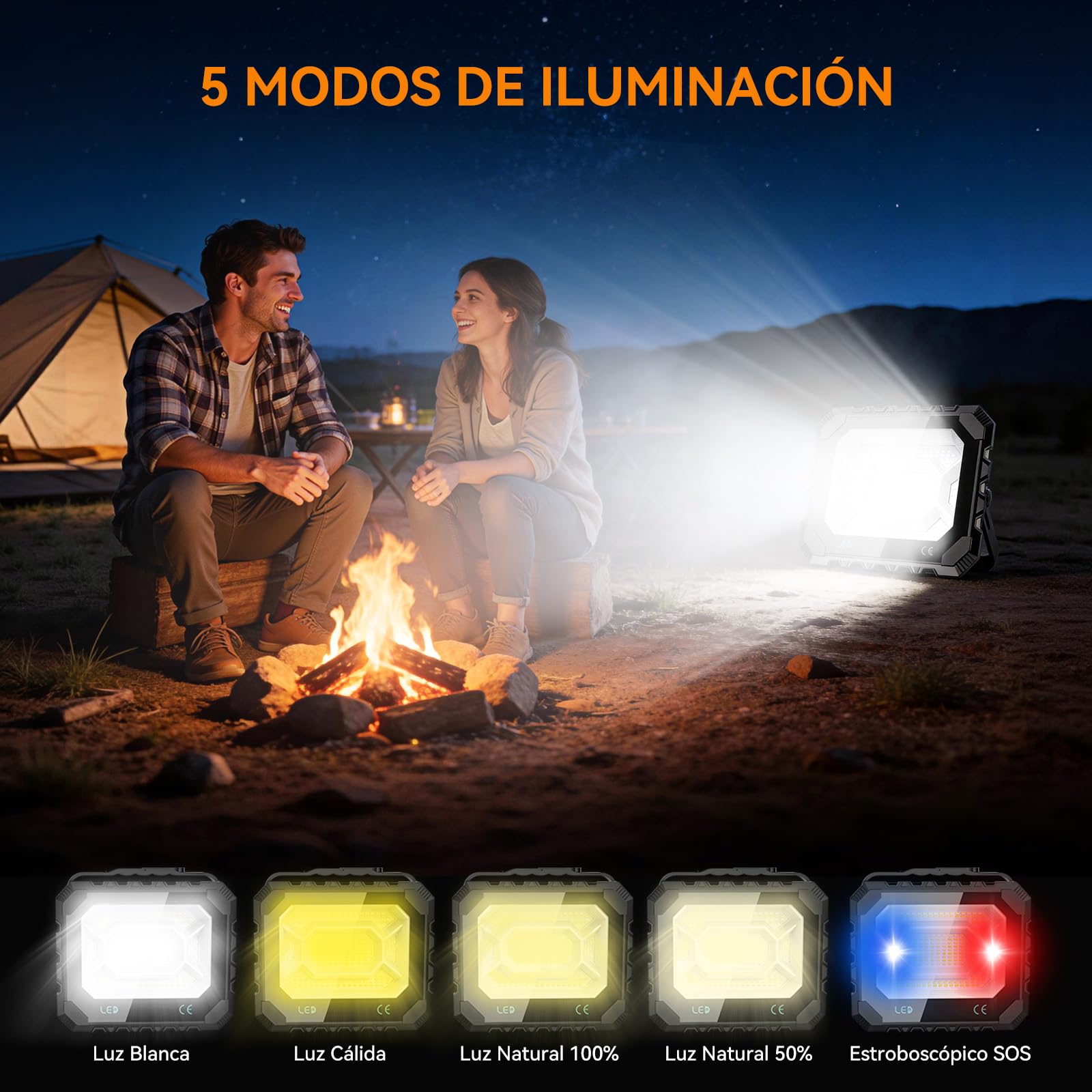150W Foco LED Recargable Solar, 5 Modos Luz de Trabajo Portátil USB 16000 lm, Foco LED Bateria 16000 mAh, IP66 Impermeable foco solar portatil Magnética para Camping, Trabajo, Pesca, Emergencia