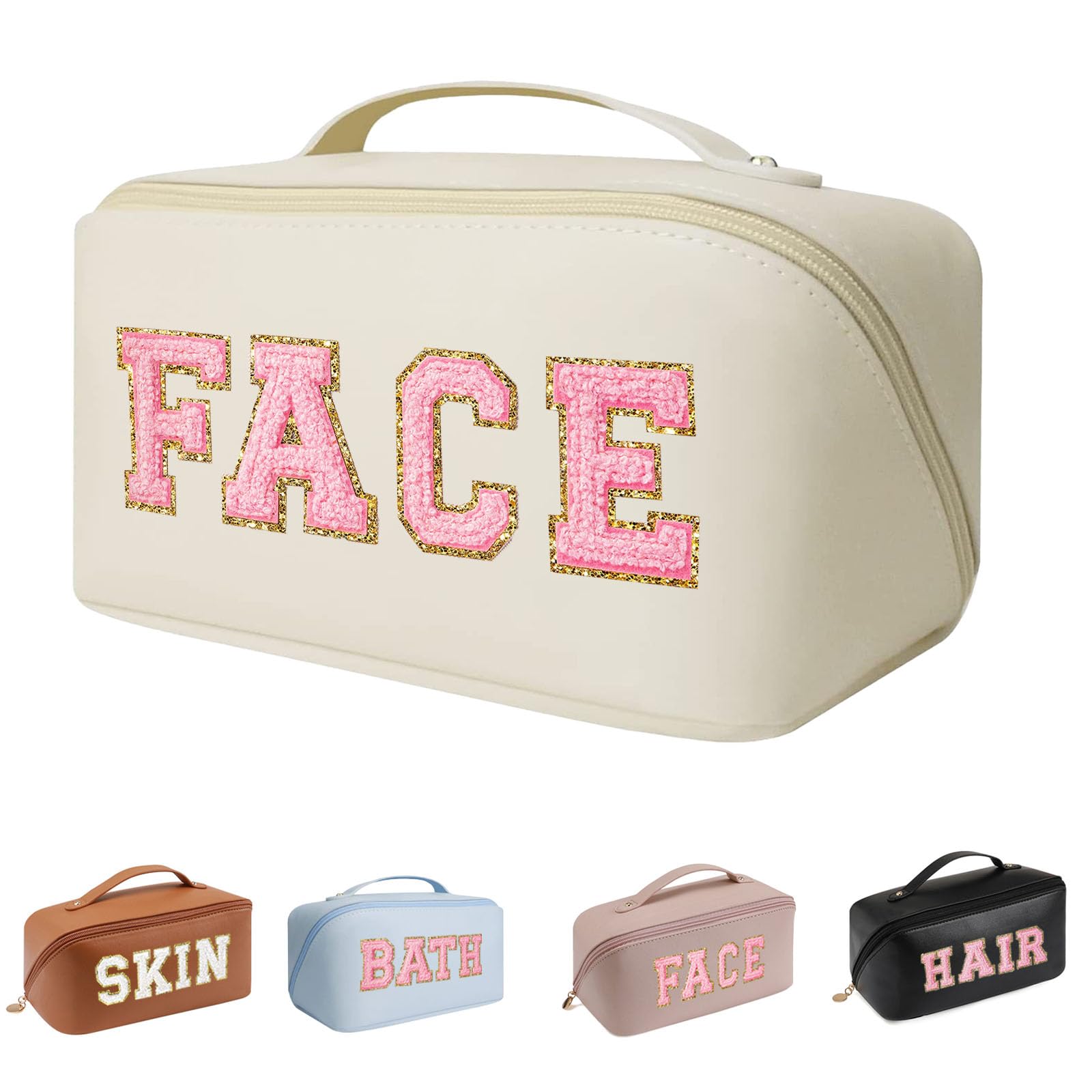 Custom Large Capacity Makeup Bag, Personalized Sew Chenille Letters Cosmetic Bag for Girls, Travel Makeup Bag for Women/Waterproof PU Leather,