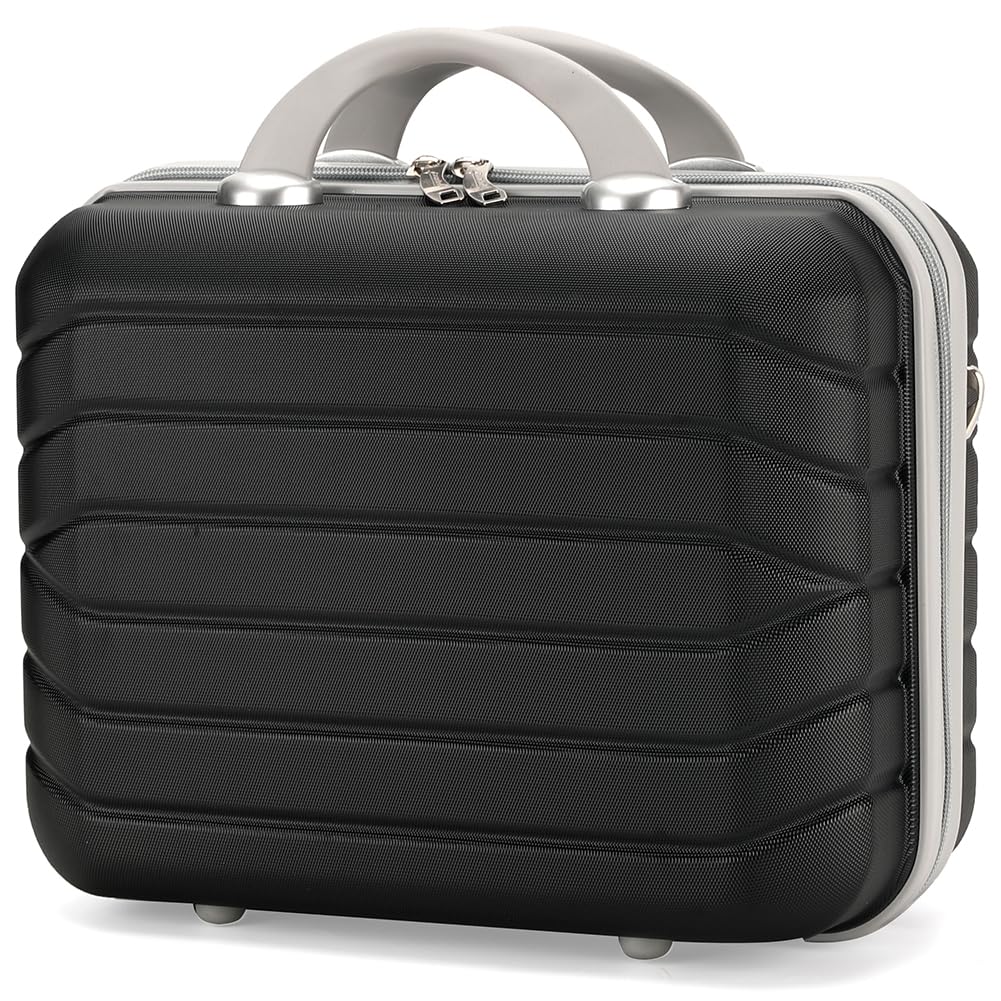 Set 4 Valigie Rigide in ABS con Beauty Case, Valigia con Manico Telescopico e Ruote Easy Roll, Trolley con Lucchetto e Serratura a Codice, Bagaglio a Mano Design Moderno (Nero)