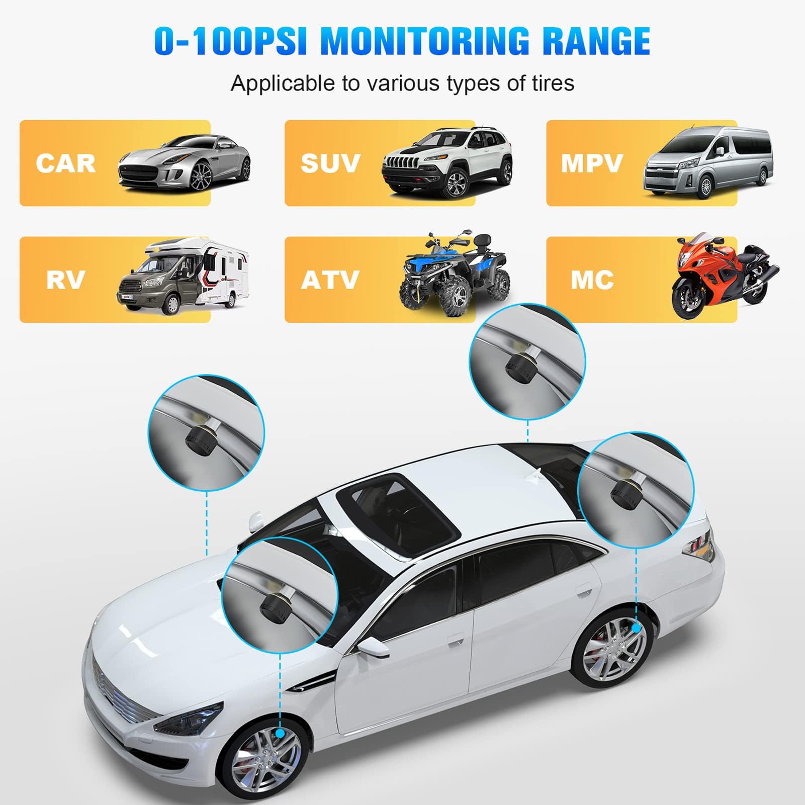 Cocoarm Sensor de Presión de Neumáticos, TPMS Bluetooth 5.0, Kit de 4 Sensores Externos para Coche, Monitor de Temperatura y Presión en Tiempo Real