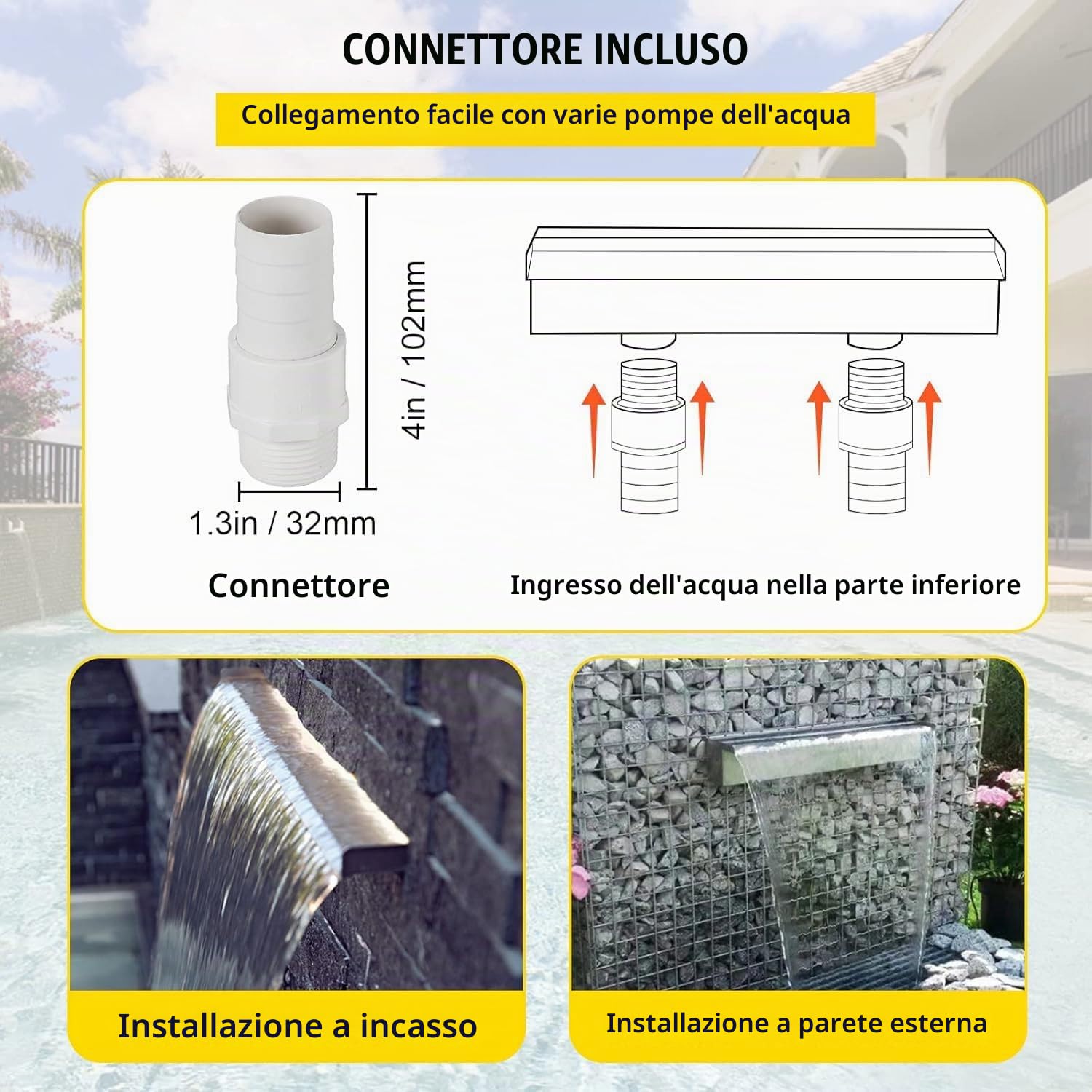 Cascata Piscina Laghetto,Lame Per Fontana Da Giardino Esterno In Acciaio Inossidabile Con Accessori,Fontana Per Piscina Decorazione Laghetto Da Giardino Patio,Per Pareti,Bordi Piscina,60 x 11.5 x 8 Cm