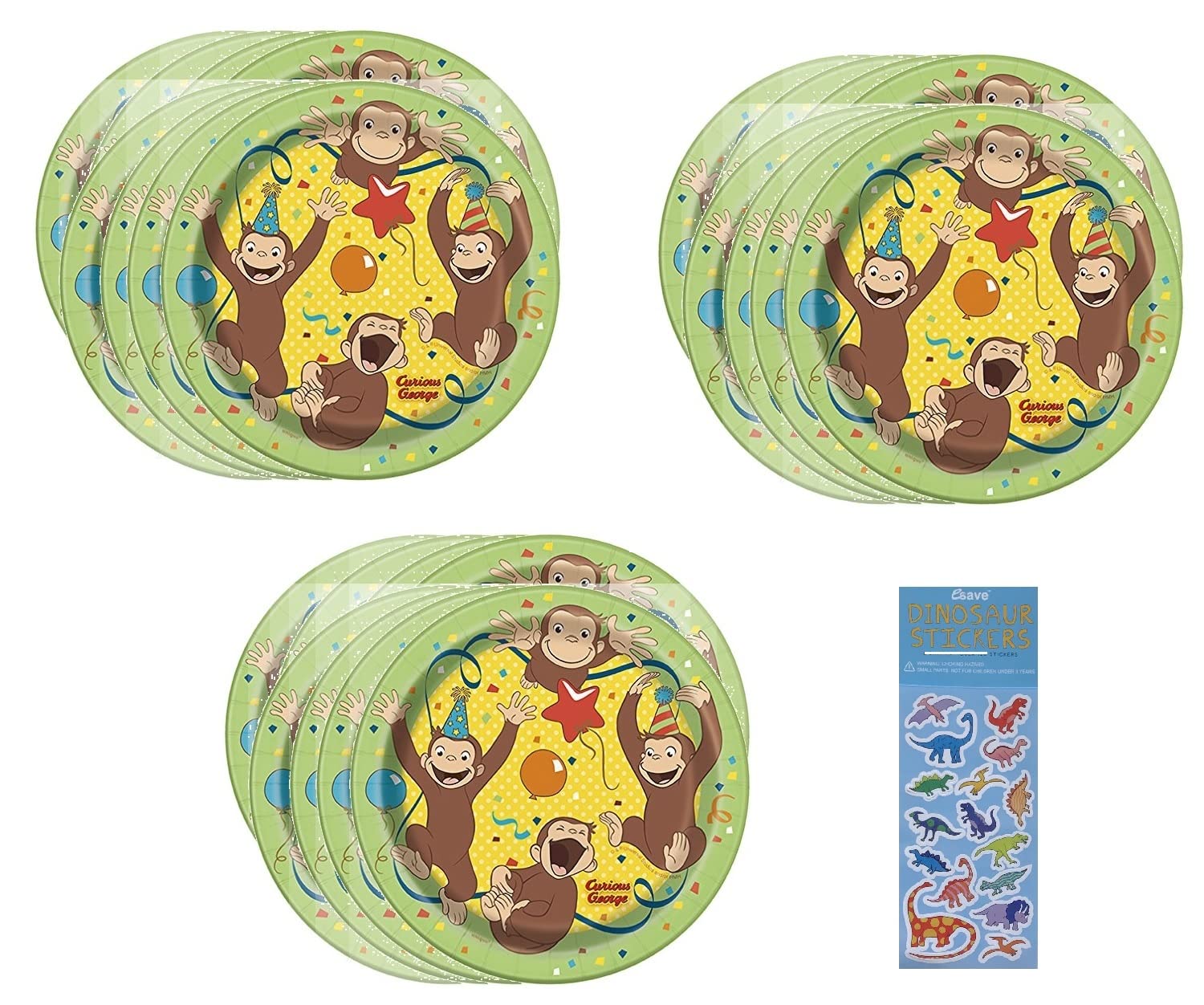 Unique Curious George Party Supplies Bundle Pack for 24 includes 24 Dessert Cake Plates and 1 Dinosaur Sticker Sheet