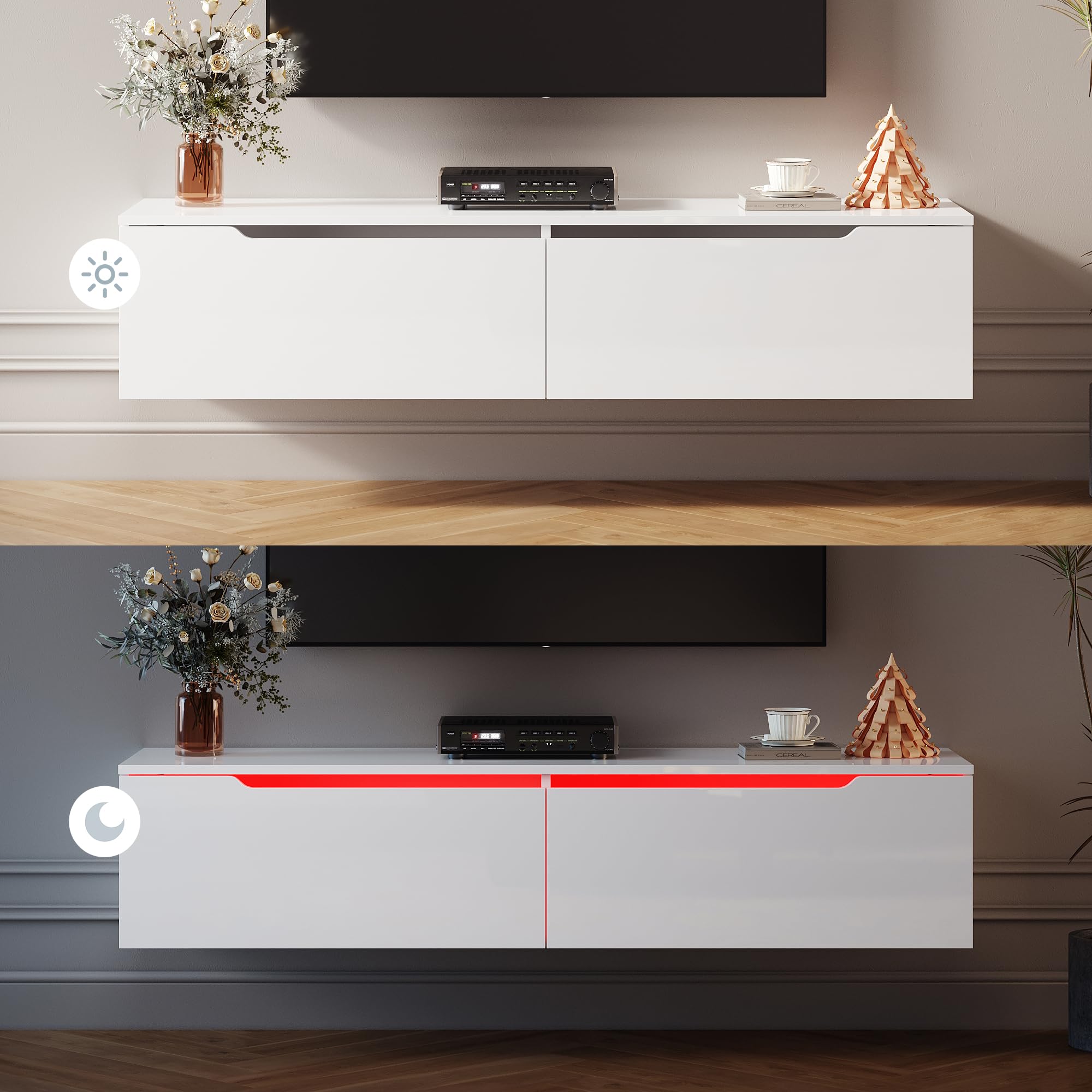 SIRHONA Meuble TV LED Blanc Laqué éclairage LED avec 16 Couleurs Ajustables, Plateau TV Haute Brillance, sur Pied ou Suspendu, pour Le Salon ou La Chambre à Coucher