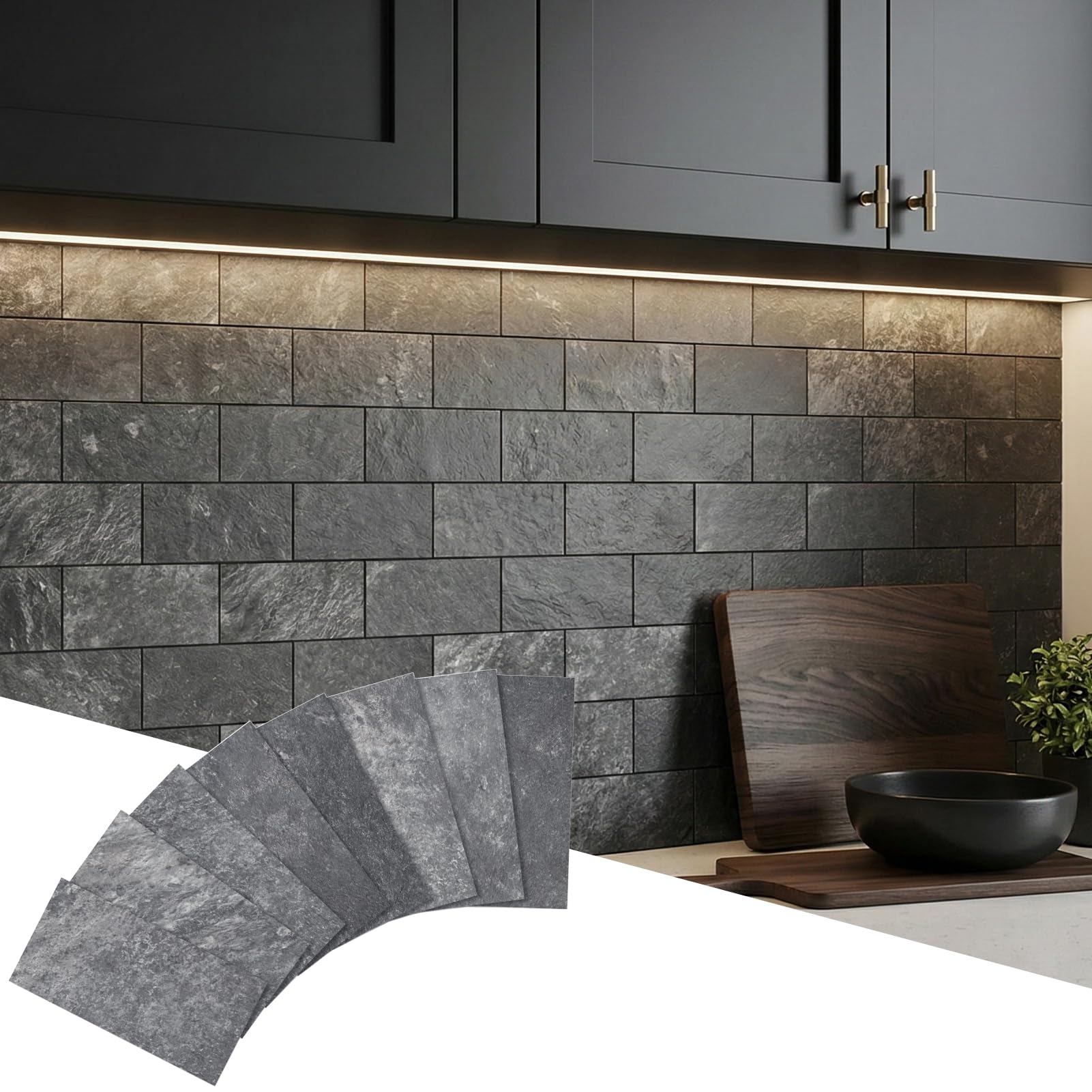 2 Pieces Peel and Stick backsplash 3 x 6 Inches 3D Black Rocks PVC Composite Wall Tile Stick on Backsplash Tile for Kitchen Bathroom, Laundry Room, Camper, Fireplace