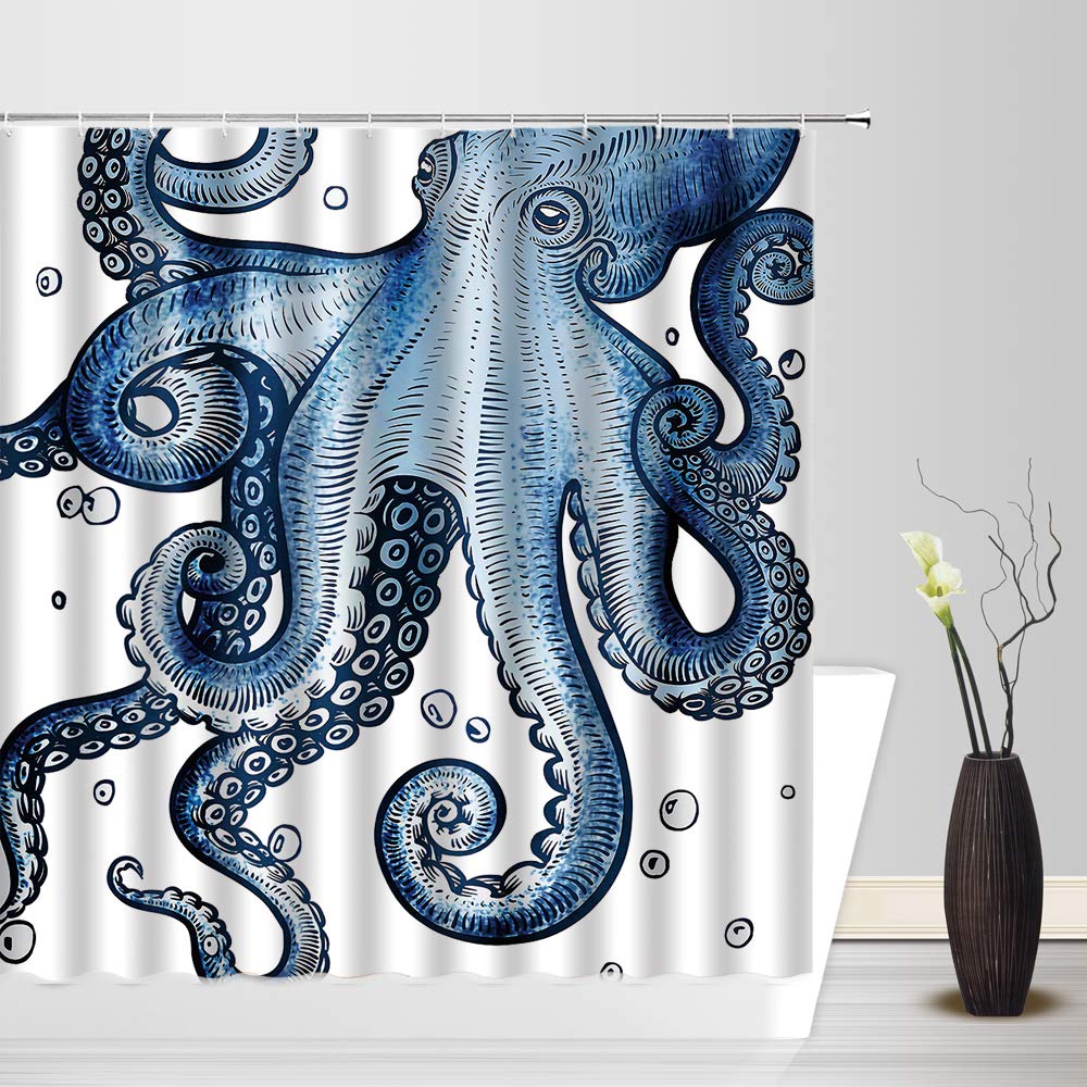 Blue Octopus Shower Curtain Ocean Kraken Sea Animal Octopus Tentacles Marine Life Bubbles Cool Fabric Bathroom Decor Curtain with 12 Hooks,71X71 Inchs