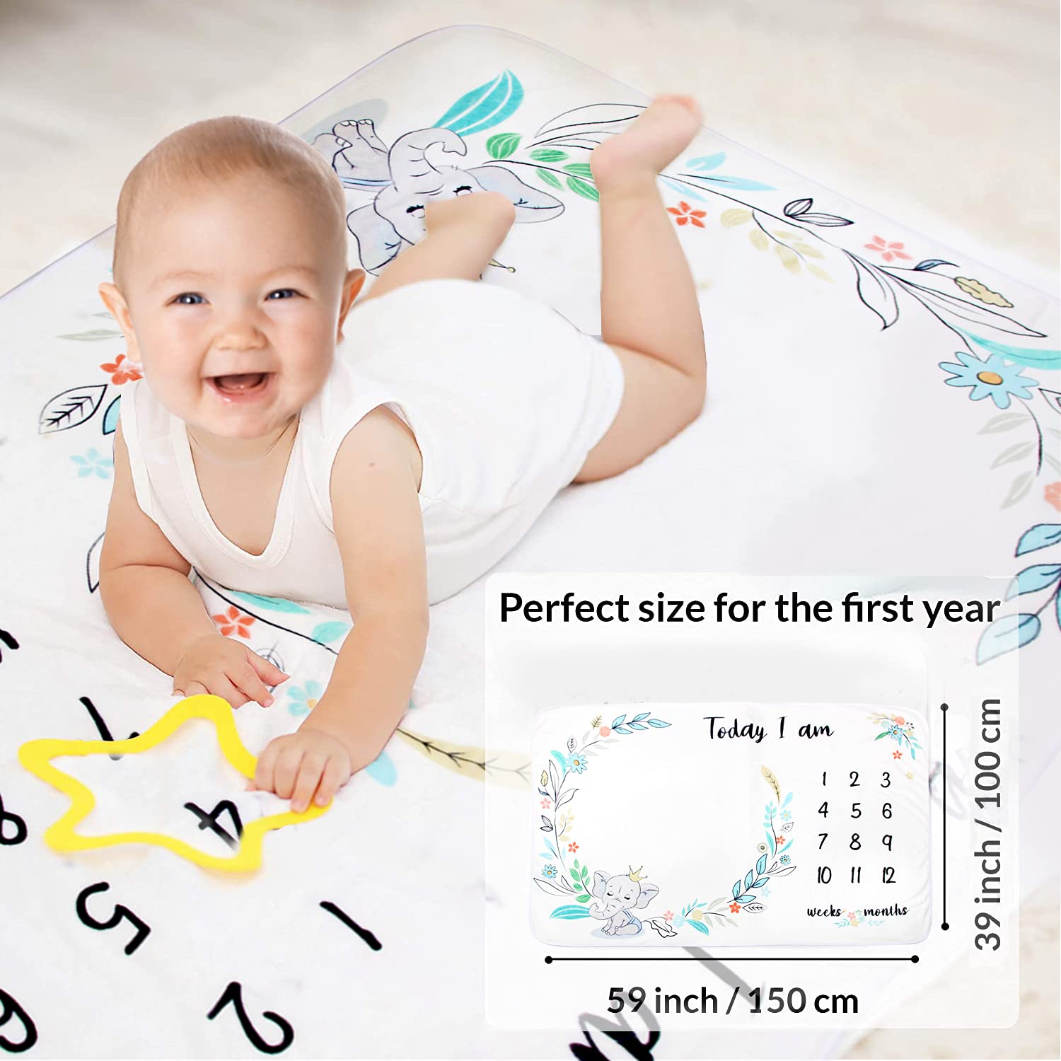 Manta de bebé Milestone para niños y niñas,tapete de forro polar mensual unisex con flores y hojas de elefantes,animales con 4 marcos de fotos de fieltro,crecimiento de la edad(40 x 60 pulgadas)