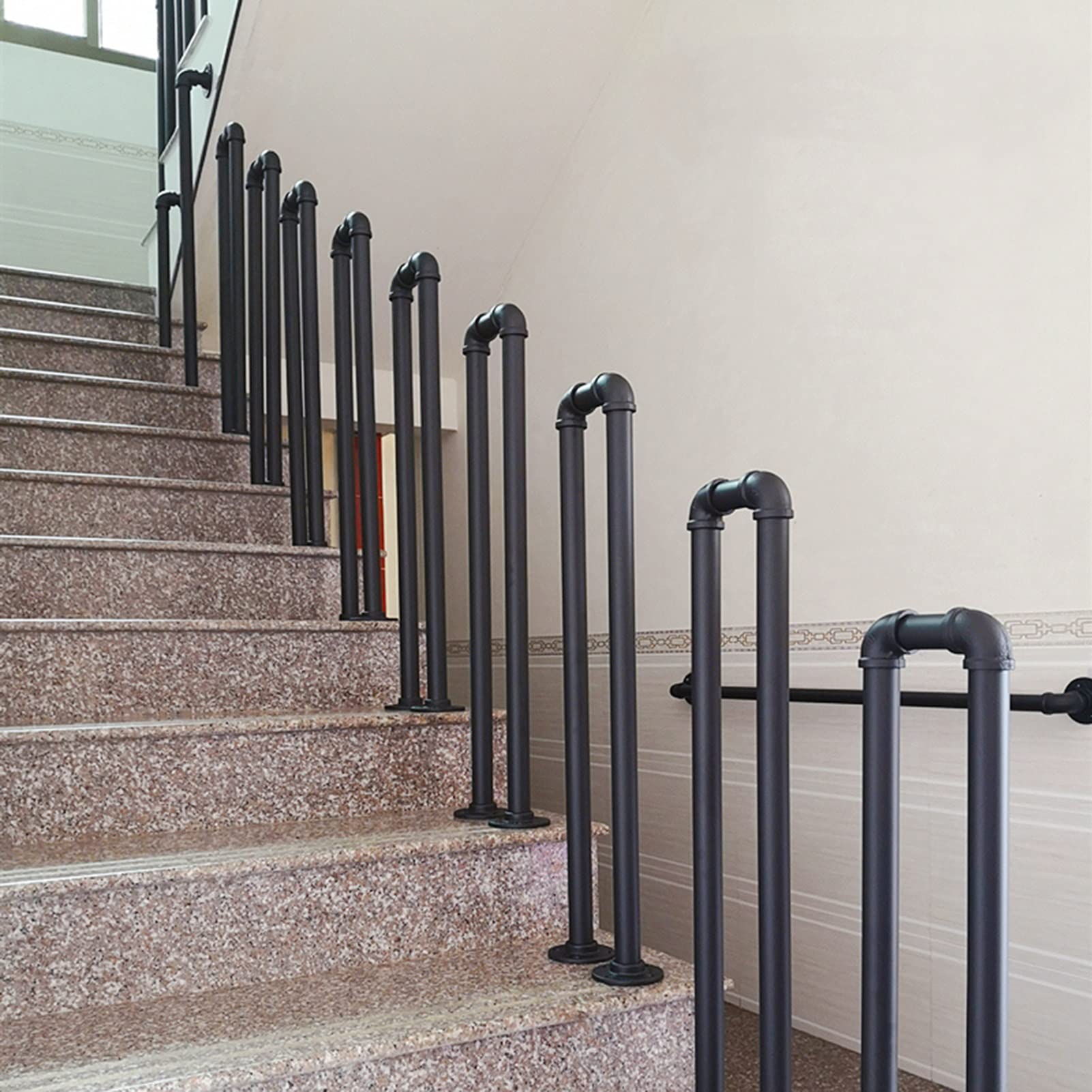 Industrial Galvanized Pipe Stair Handrail, Metal U-Shaped Wrought Iron Staircase Hand Rail for Indoor & Outdoor Steps Banister Elderly Safety Support Railing(95cm)