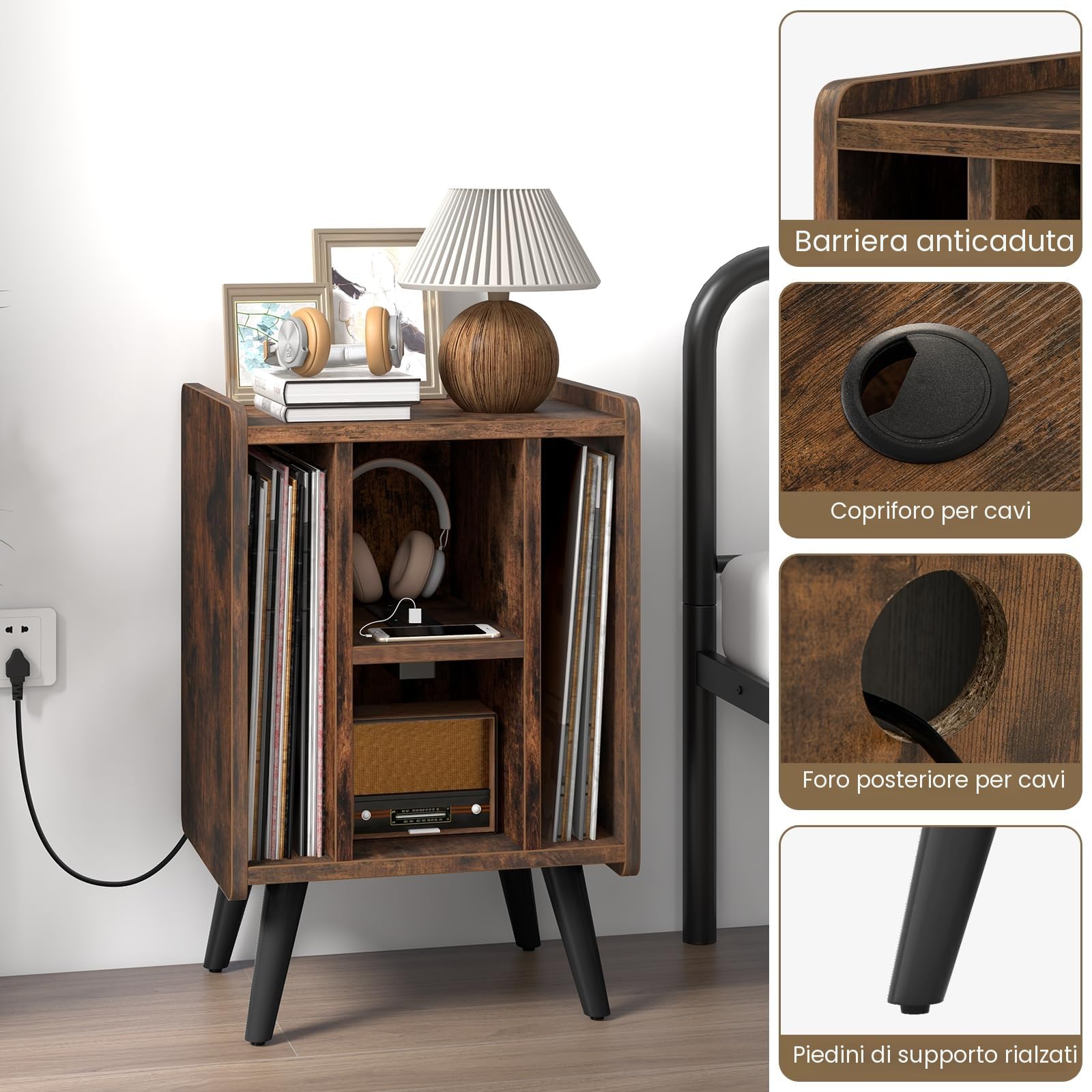 KOMFOTTEU Supporto per Giradischi in Vinile con Stazione di Ricarica, 4 Scomparti Aperti, Mobile Giradischi Potato 90kg, Espositore per Dischi per Ufficio, Soggiorno, 43 x 34,5 x 67,5 cm (Marrone)