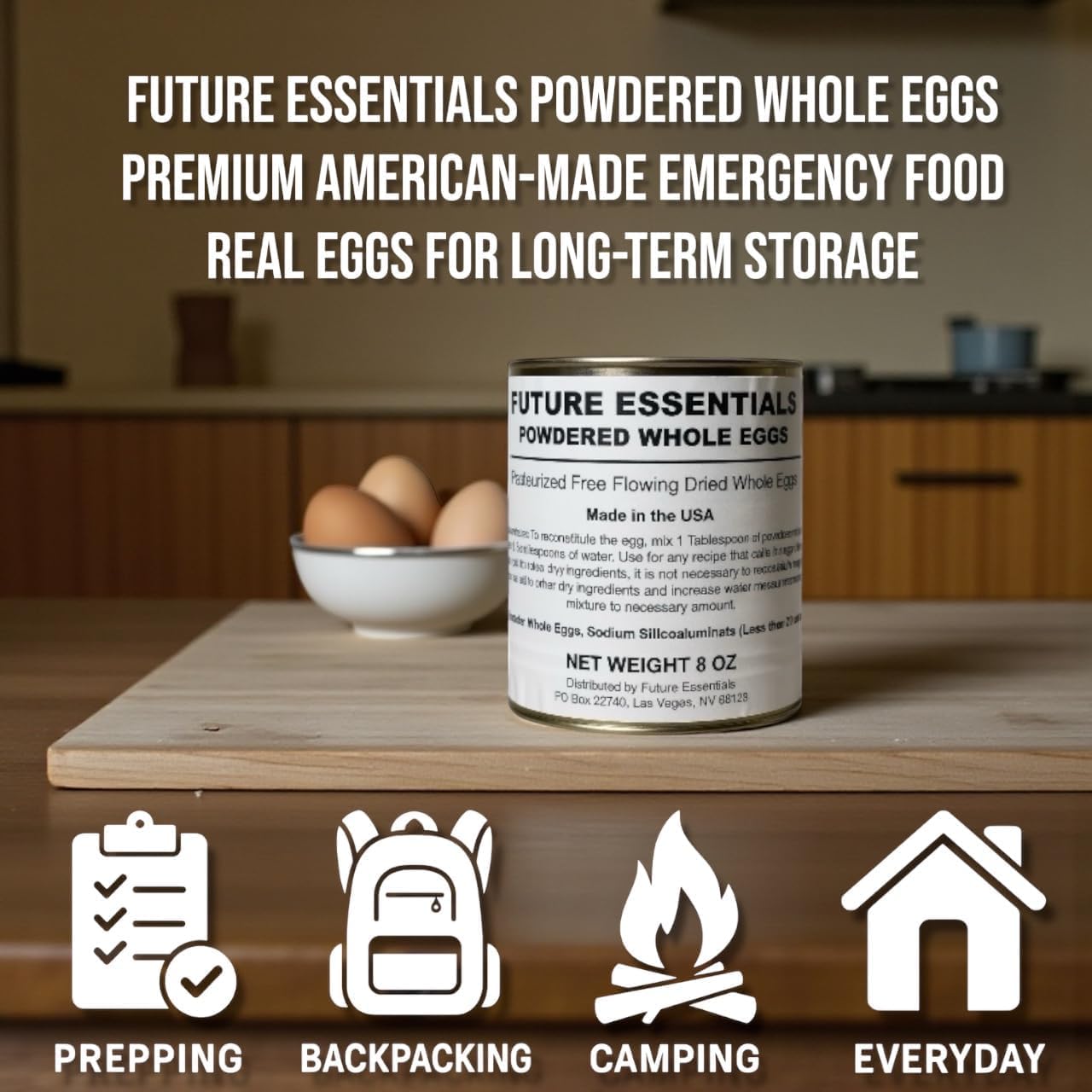 Future Essentials - Uova intere in polvere, 6 lattine (misura 2,5, 226,8 g ciascuna), forniture da forno, pasti da campeggio, cibo di sopravvivenza, 10 anni di durata a lungo termine, fornitura di
