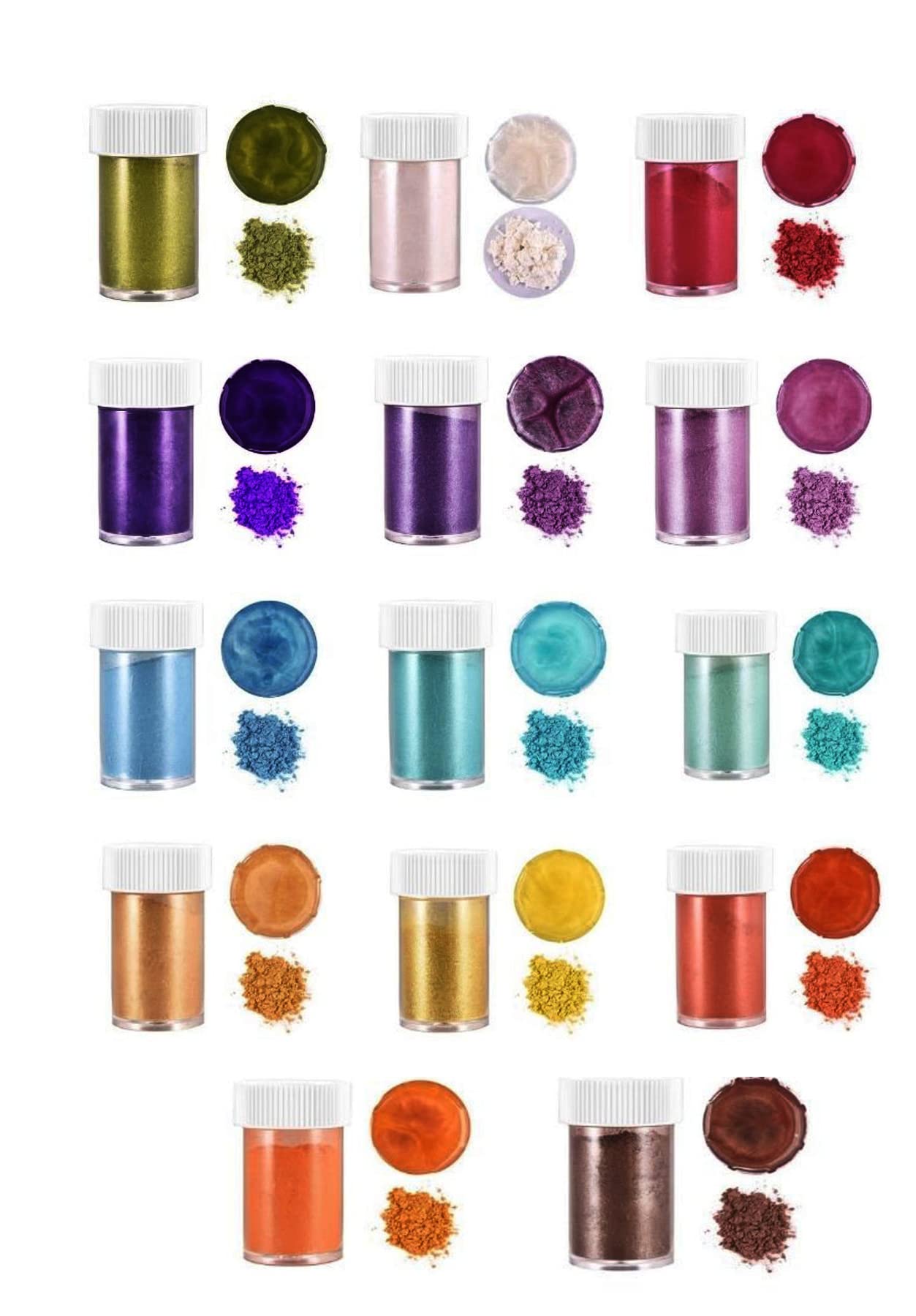 WorldWesties Mica Powder - 14 colors Natural Cosmetic Grade Pigment 10g each for Soap making, Cosmetic, Lip Gloss, Nail Polish, Makeup, Epoxy Resin, Candle Making, Bath Bombs, Slime (Pack of 14)