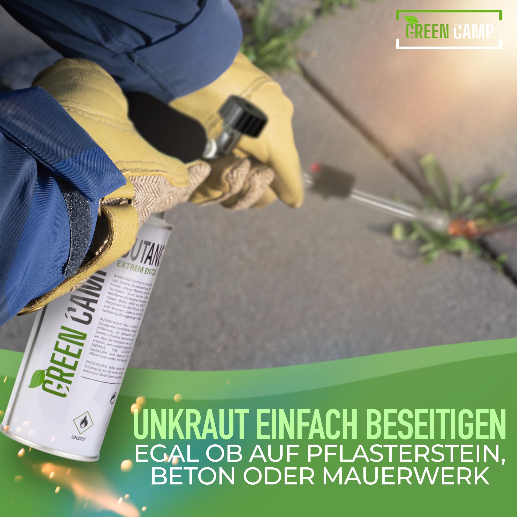 GREENCAMP® Unkrautbrenner [1100°] mit Piezozündung – Abflammgerät zur effektiven Unkrautbekämpfung – ergonomischer Unkrautvernichter mit regulierbarer Flamme – inkl. 12 Gaskartuschen (12 Kartuschen)