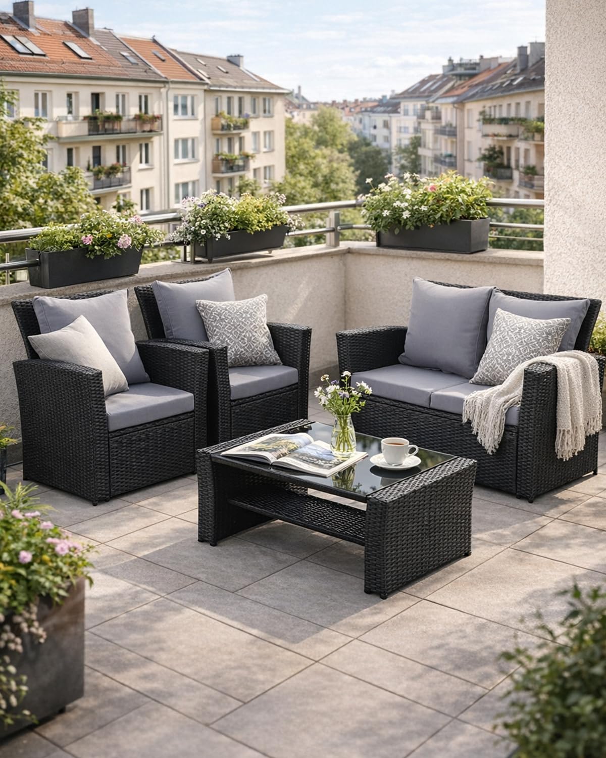 LANOX 4-Teiliges Poly Rattan Balkonmöbel Set mit Sofa und Couchtisch