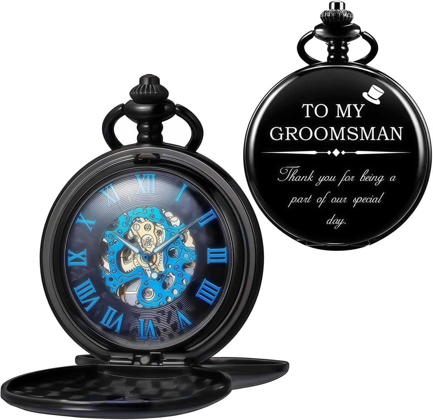 Mechanical Roman Numerals Dial Skeleton Pocket Watches with Box and Chains for Mens Women