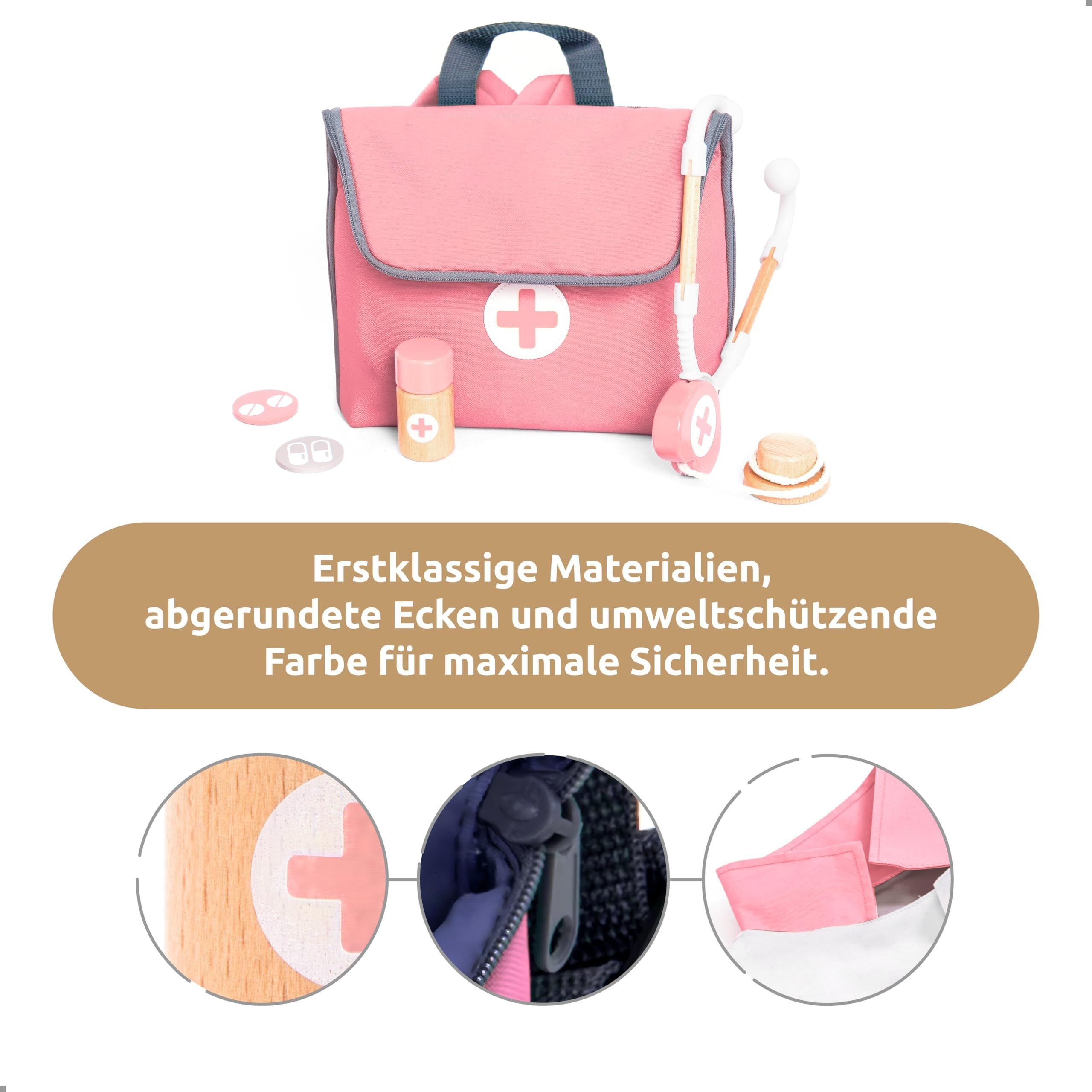 UMU® Arztkoffer Kinder Spielset aus Holz mit Arztkittel, Stethoskop, Zahnarzt Zubehör & mehr, Doktorkoffer Spielzeug für Rollenspiele, 20 TLG. Medizinisches Set für Mädchen ab 3, 4, 5 Jahren