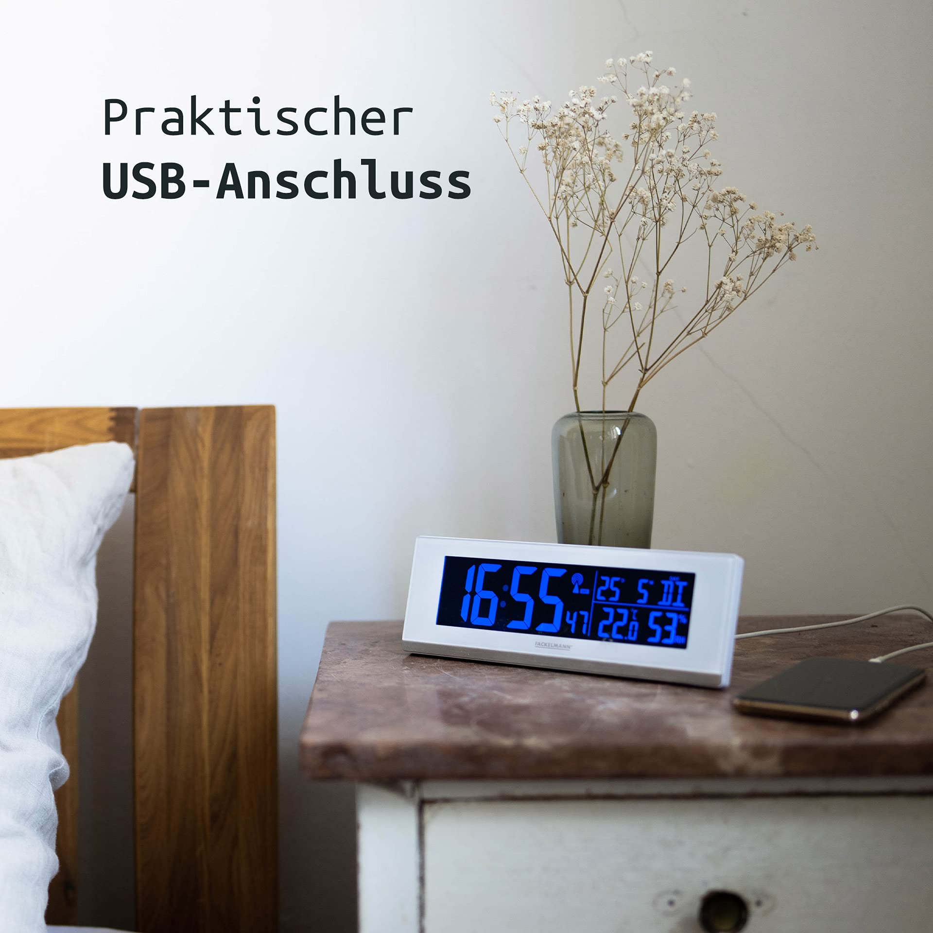 Fackelmann digitaler Wecker mit Thermometer und Hygrometer Funktion Tecno, Elegante Funkuhr mit farbigem Display & USB-Anschluss für das Handy