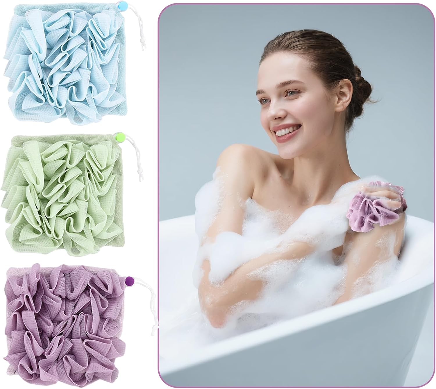 3 Pcs Soap Bar Loofah, 2 in 1 Bar Soap Loofah Pouch Holds Bar Soap-Exfoliation Mesh Shower Ball (Purple+Blue+Green)